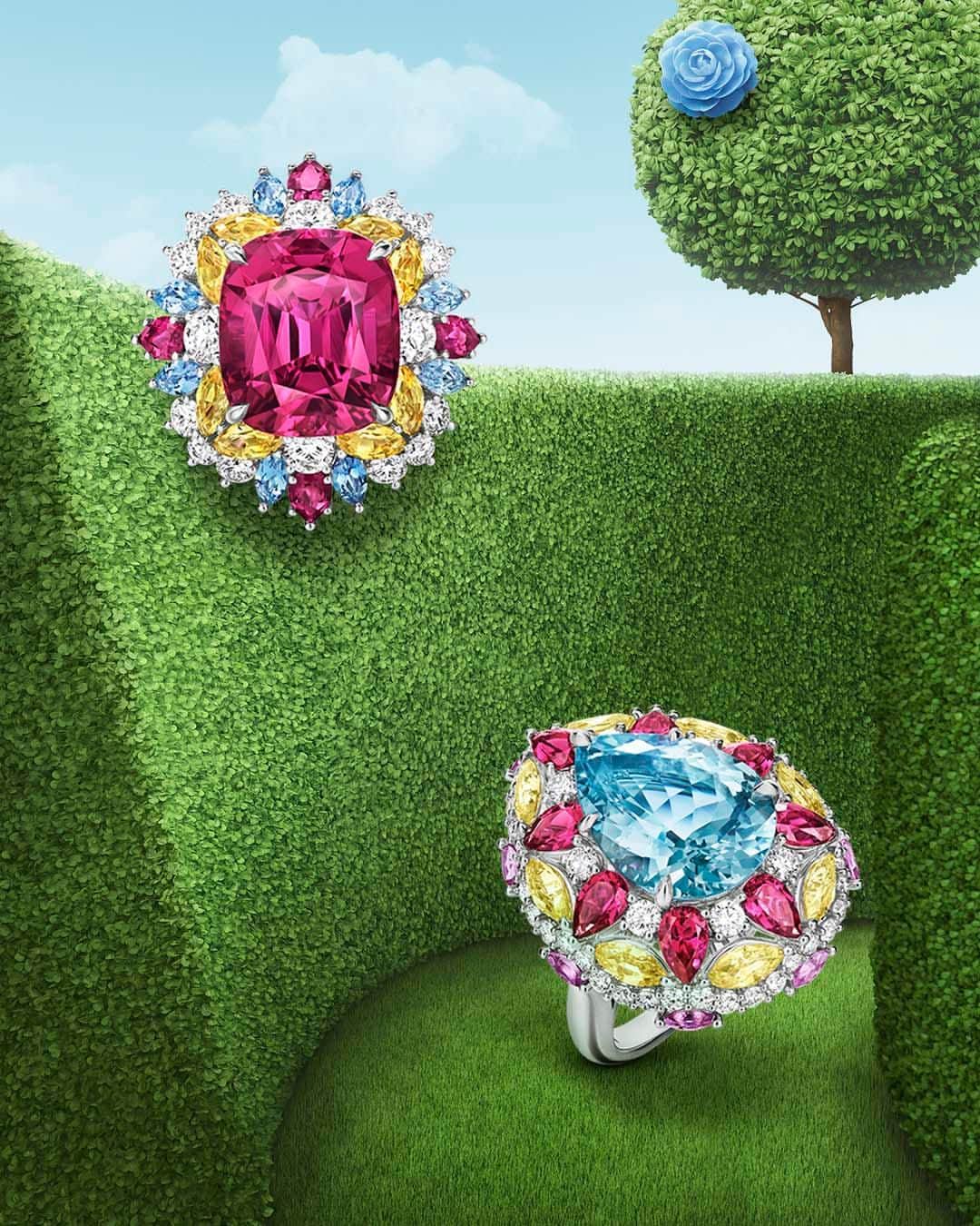 ハリー・ウィンストンのインスタグラム：「Bejeweled candied rings make it the sweetest tea party yet. Tap the link in bio to satisfy your sweet tooth in the Winston Maze. #HarryWinston #WinstonMaze #WinstonCandy」