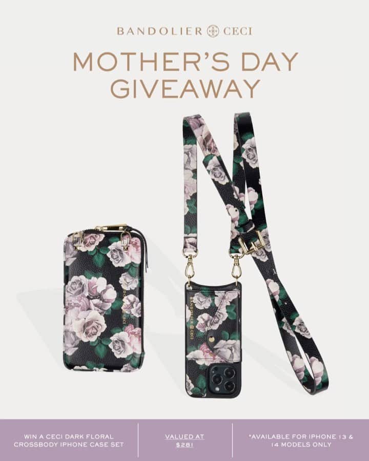 Ceci Johnsonのインスタグラム：「GIVEAWAY 🌸 We're spreading the love this Mother's Day with a chance to win one of our *NEW* Hailey Crossbody iPhone Sets with hand-painted florals by @cecijohnson for our collaboration with @cecinewyork ✨  ⠀⠀⠀⠀⠀⠀⠀⠀⠀ Prize Includes:  ✨ Hailey Crossbody iPhone Cases in Dark Floral ✨ Matching Expanded Pouch ✨ Matching Avery AirPods Case ⠀⠀⠀⠀⠀⠀⠀⠀⠀ To enter, follow these steps: 1. Follow @bandolierstyle and @cecinewyork 2. Like this post 3. Tag a friend (each tag is a separate entry) 4. BONUS: Share on stories for extra entry ⠀⠀⠀⠀⠀⠀⠀⠀⠀ The giveaway is open from 5.3.23 to 5.10.23. The winner will be announced on 5.11.23. The winner will be chosen at random. Must be 18 years or older to enter. Open to entrants from the US only. Case is available for iPhone 13 or 14 models only. If the winner does not have a compatible phone size, they can choose another item for a comparable amount. The giveaway is in no way sponsored, endorsed, administered, or associated with Instagram.」