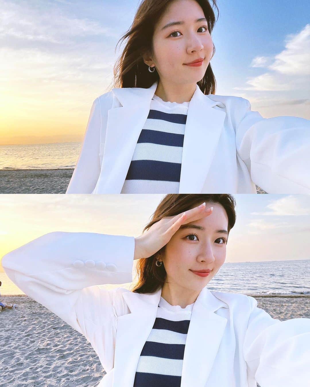 雨宮凜々子のインスタグラム：「sea+sunset＝💗  🧥#rilyco  👚#rilyco  👖#gu   #guコーデ #プチプラコーデ #春コーデ #夏コーデ #gw #海外ファッション #韓国ファッション #海 #自撮り #셀카 #ootd」