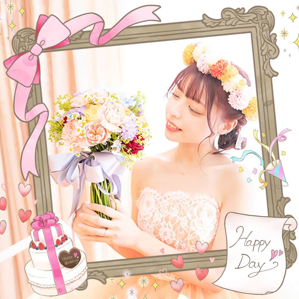 LINE Cameraのインスタグラム：「ジューンブライドの季節👰💕 結婚式やお祝い事にぴったり💗 . It's the season for June brides 👰💕 Perfect for weddings and celebrations 💗 . #ラインカメラ #linecamera #lineカメラ #かわいい #可愛い #cute #ガーリー #オシャレ #おしゃれ #ウェディング #wedding #ウェディングフォト #bride #花嫁 #プレ花嫁 #結婚 #結婚式 #greeting #happybirthday #birthday #誕生日 #バースデー #collage #コラージュ #花束 #ブーケ #スタンプ #stamp #stamps」