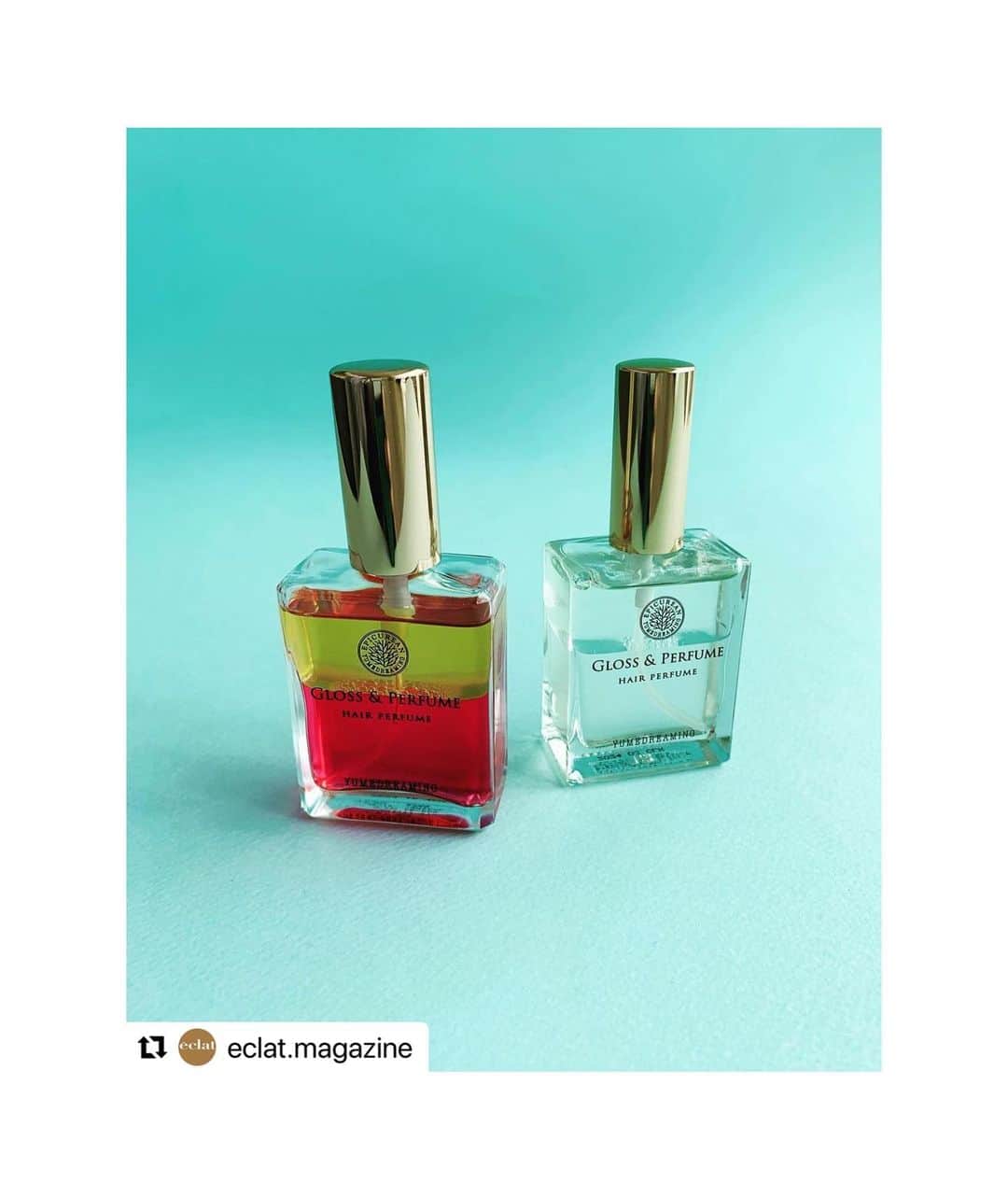 のインスタグラム：「#Repost @eclat.magazine with @use.repost ・・・ じんわり暑くなってくると、ひそかに気になるのが頭の「におい」問題。 汗をかいた日の夜、頭を洗う時に「今日もおつかれ……！」と自分で自分（の頭皮）に声をかけたくなるようなにおいがするのは私だけでしょうか💦  そんな地味な悩みを爽やかにカバーしてくれる！と最近感動したのがこちら、ユメドリーミンの「エピキュリアン グロス＆パフューム」です。その名の通り、髪の毛にオイルで艶を与えながら爽やかなアロマの香りを香らせてくれるヘアパフューム。かわいいピンクとイエローのボトルはジャスミンやローズなど華やかな香りの「i」（エクラプレミアムでも人気だそう！）、透明なボトルはベルガモットやパチュリベースのユニセックスな香り「air」です。まとめ髪のちょっとした艶出しにも良いうえに、ささっと頭にひと吹きすると仕事中のリフレッシュにも✨ ふと動いた瞬間にほのかに香るパフュームは、「なんだかいい香りがする人」という、個人的に憧れる大人の女性像に近付けそうな気がして、朝夕ついつい頭にふりかけてしまう毎日です。（編集T)  #YUMEDREAMING #TWIGGY. #eclat」
