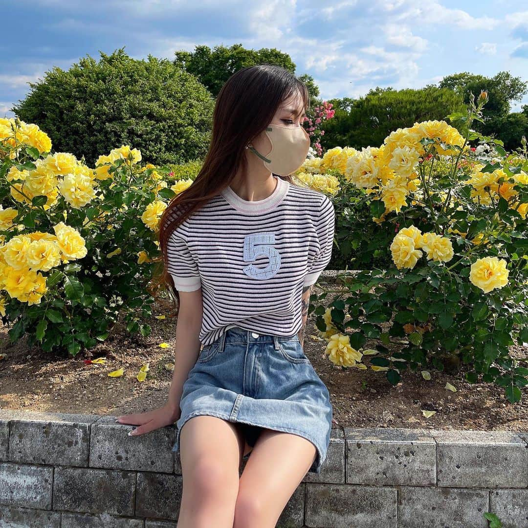 AMIのインスタグラム：「🌼*･ . . 𝓨𝓮𝓵𝓵𝓸𝔀 𝓡𝓸𝓼𝓮🪞◌𓈒 . この間の休み🌤 背景の薔薇が綺麗すぎる✨ . . 可愛いニットとデニム👖🫶🏻 . . . . . #ootd #zarawoman #zara #zaradress  #instalike #followforfollowback #instagood  #likesforlike #fashion #code #ladiescode #sidegoreboots  #followers #following #selectshop  #rose #rorephphotography #longhair」