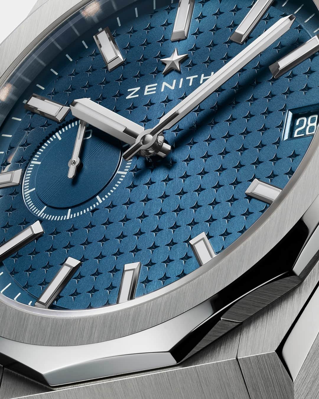 ゼニスのインスタグラム：「#DefySkyline: Drawing inspiration from the serene night sky above an ever-awake metropolis, the DEFY Skyline timepiece features a dial adorned with a constellation of shimmering stars meticulously etched in a precisely arranged formation. These captivating four-pointed stars serve as a contemporary reinterpretation of Zenith's iconic "double Z" logo from the 1960s, adding a touch of modernity to the watch's design.」