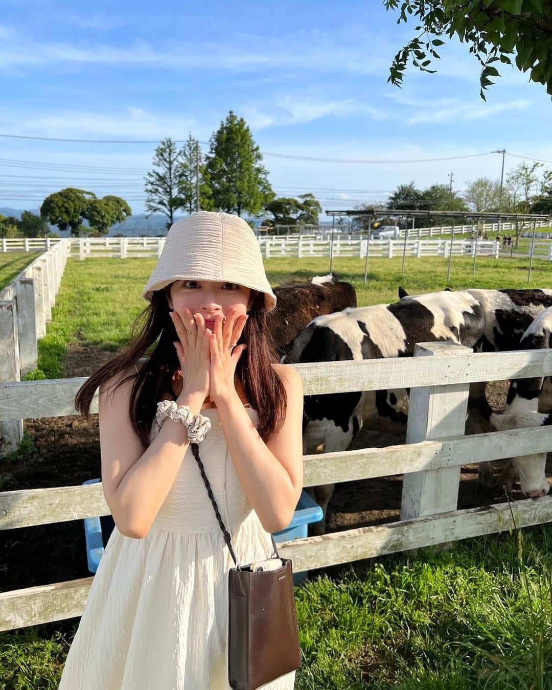のインスタグラム：「人生初のマザー牧場🐮🐄🧡 天気もポカポカで、自然と美味しい空気と共に時間がゆっくり動いてる感じがすっごく心地よくて幸せな空間だった~☀️♡ あと、「 行った事あるよ〜！」っていうDMみんなから沢山きて送ってくれて嬉しかったヨありがとう､､😽♡！  @lilambition_official の白ワンピに @uniqlo_jp の透け透けタンク重ねたらめちゃんこ可愛かった🍊♡ メイクもお洋服もオレンジが気分なももちです🍊🐰♡笑 (写真の後半、ビビってるももち載せておくから見て笑)  明日は毎週火曜日のリルライブだよ！20:30〜です📱 夏の新作達を、徹底解説live♡ インスタライブ見に来てね🫶🏻♡  .」