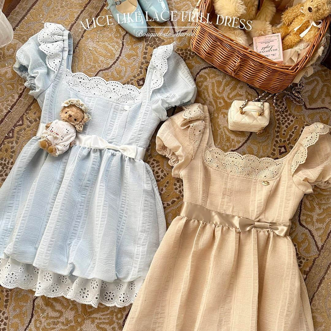 𝐵𝒐𝒖𝒒𝒖𝒆𝒕𝒅𝒆𝑴𝒂𝒓𝒊𝒆𝒆のインスタグラム：「.  🍼Alice like lace frill dress（No.050449）🍼  コロンとしたシルエットが可愛い 夏におすすめのドレス🤍  詳しくは商品タグ、サイトをチェック💌  #量産型 #フレンチガーリー #メンカラコーデ #参戦服コーデ #推し色 #すとぷりすなーさんと繋がりたい #ジャニオタさんと繋がりたい #参戦服 #ガーリーコーデ #水色コーデ #ベージュワンピ」