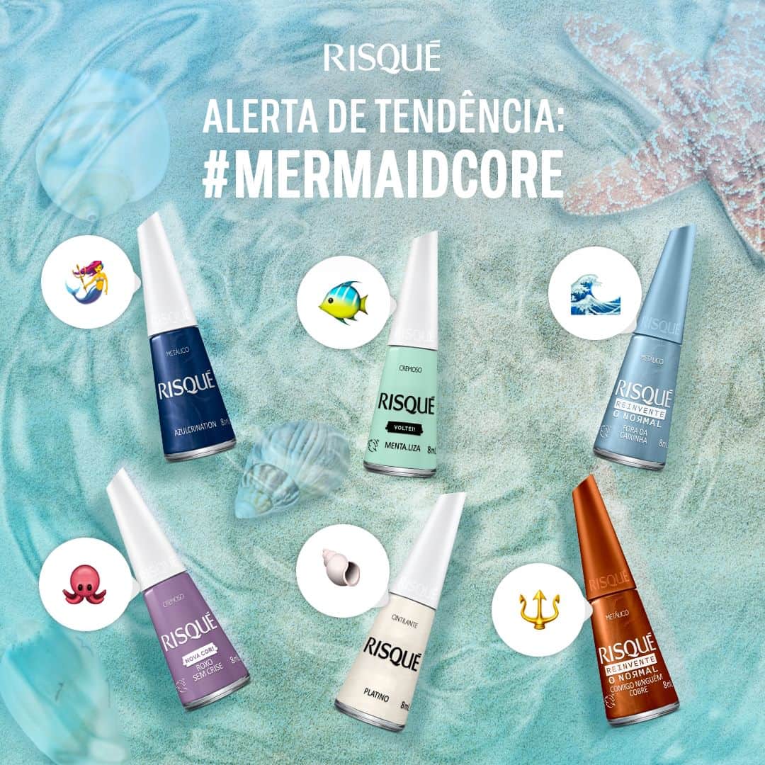 Risqueのインスタグラム：「Já entramos na tendência de #mermaidcore para assistir a nossa sereia favorita. 🧜🏽‍♀️ Qual cor conquistou seu coração? Conta aqui nos comentários! 👇  #EsmaltesRisqué #RisquéOficial」