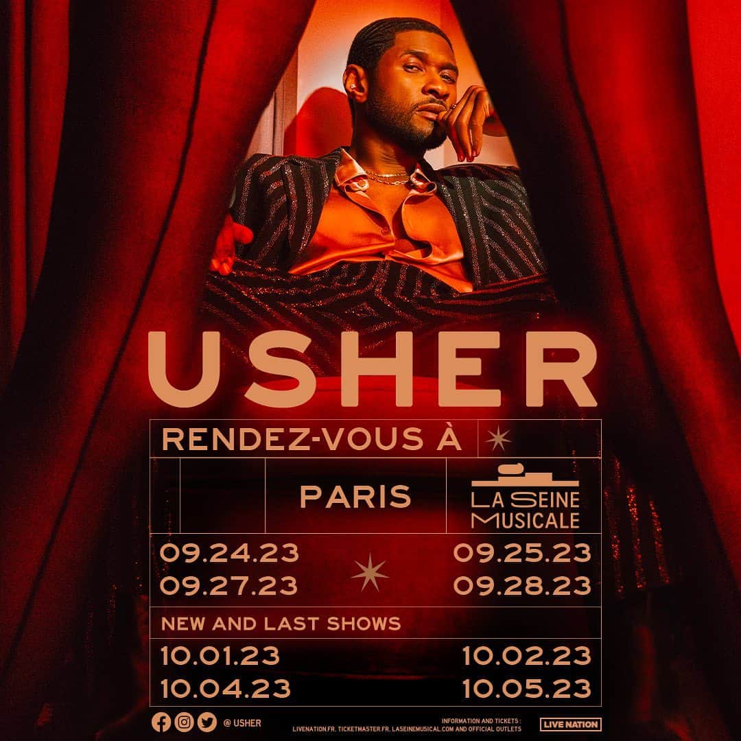 アッシャーのインスタグラム：「Écoute-moi bien, PARIS! Guess what…I’m coming just for u! I’m excited to take u on the journey of ‘Rendez-Vous à Paris’ this September 2023. Tickets are on sale NOW✨bisou bisou ✨」