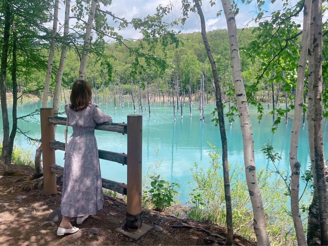 鈴木優梨のインスタグラム：「ᨒ𖡼.𖤣𖥧 北海道へ行ってきました🌷  初めての美瑛町 白金青い池へ🚗³₃  絶景でした☺️  #白金青い池 #青い池 #美瑛町青い池 #北海道旅行 #ドライブスポット #家族旅行」