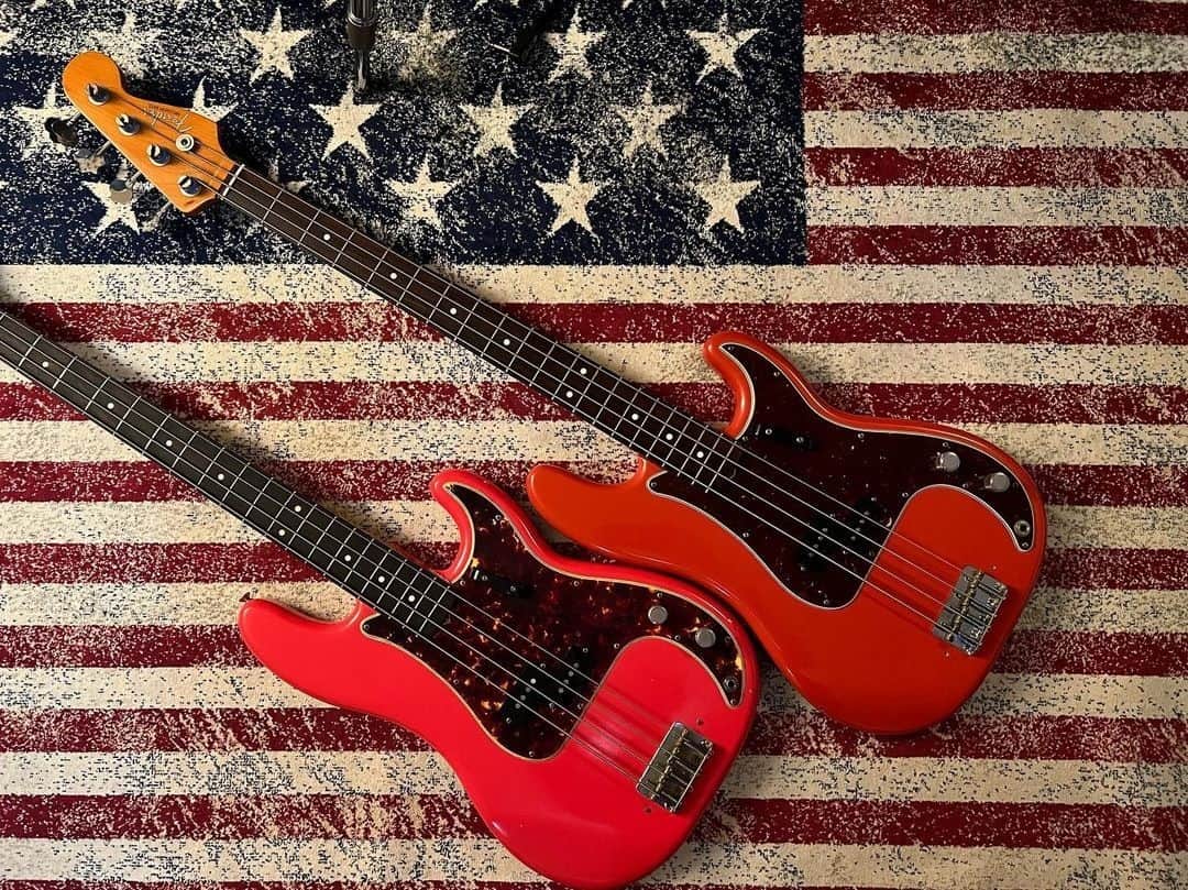 Fender Guitarのインスタグラム：「Check out these Fiesta Red Precision Basses from @precisionbassfanpage for today's #FenderFanMail. Tag us in your gear to be featured next. #MemorialDay」