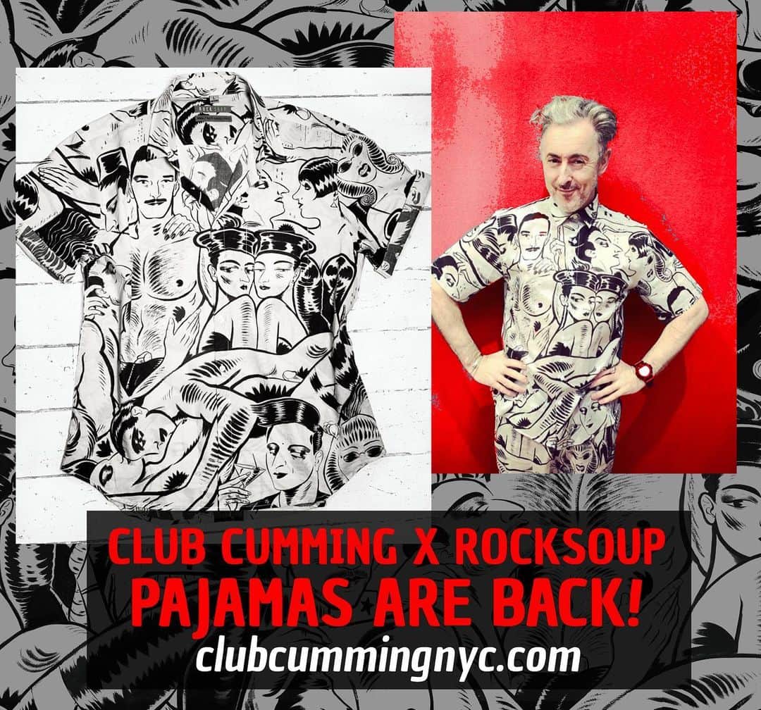 アラン・カミングのインスタグラム：「Club Cumming mural pajamas are back! Head to our website (merch collaborations pages) to pre-order your own light, breezy, comfy pjs. Wear them while you lounge around or out on the town like Mr. Cumming himself! Artwork by @granteepants / made in collaboration with @rocksoupnet」