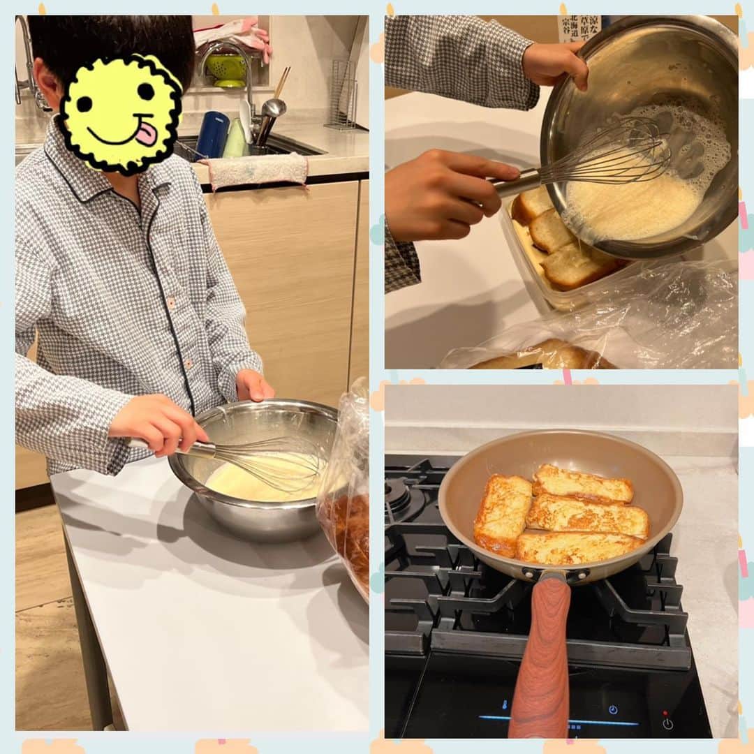 小倉優子さんのインスタグラム写真 - (小倉優子Instagram)「子供達の朝ごはんは、長男リクエストのフレンチトーストでした✨✨  一晩漬けておいたので、フワフワだったと言っていました💓  私は、お弁当の残りのお肉やお米が朝ごはんでした🌟  さぁ 今日も一日頑張りましょう☺️✨」5月30日 8時15分 - ogura_yuko_0826