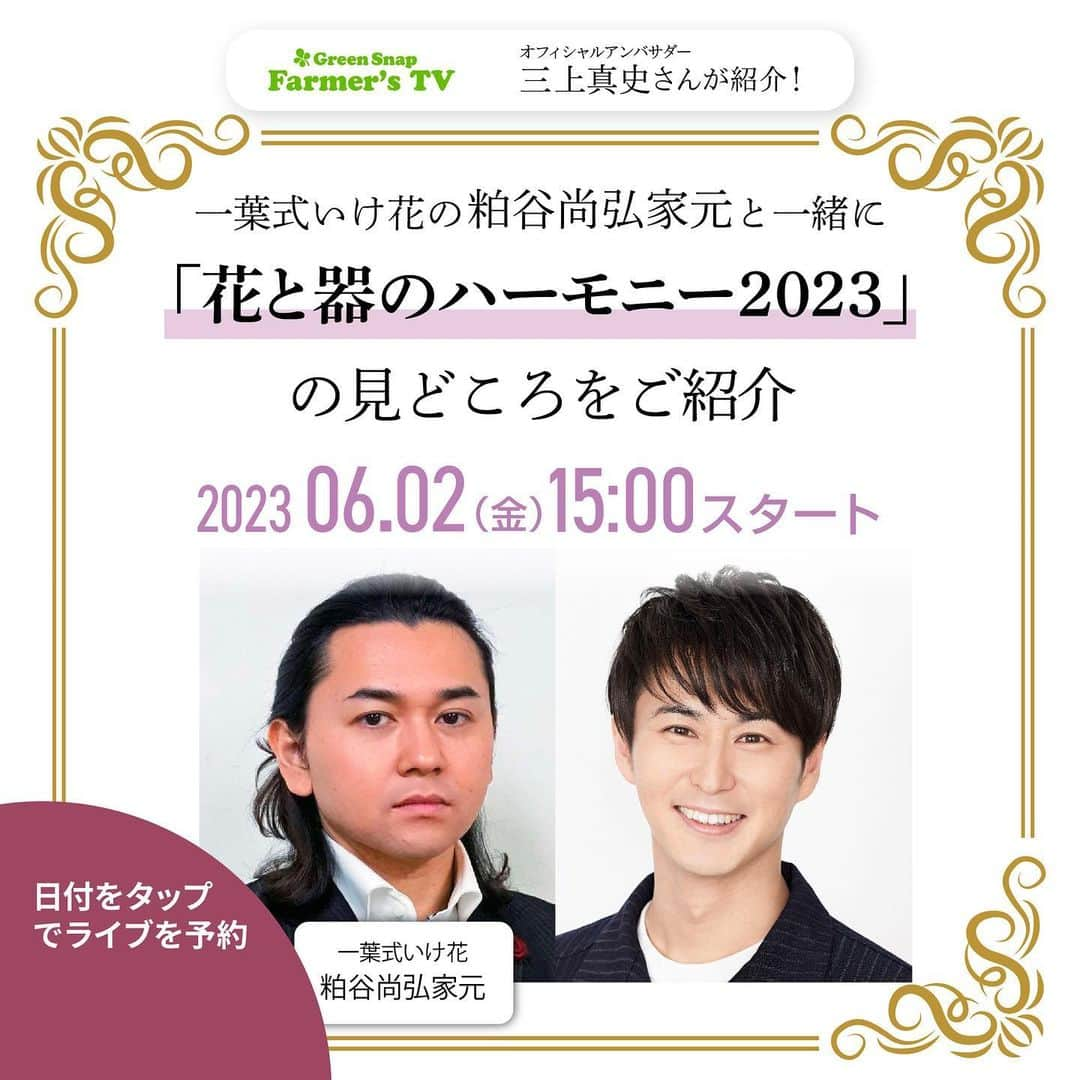 みどりで、つながる GreenSnapのインスタグラム：「＼インスタライブのお知らせ／  6月 3日(土)より横浜山手西洋館で開催される、 第21回特別展「花と器のハーニー2023」の見どころを 一葉式いけ花の粕谷尚弘家元と一緒に三上真史さんがご紹介します💐  インスタライブは 6月2日（金）15:00〜スタート！ ぜひご覧ください♪  #greensnap #greensnapインスタライブ #三上真史 さん #花と器のハーモニー2023 #横浜西洋館」