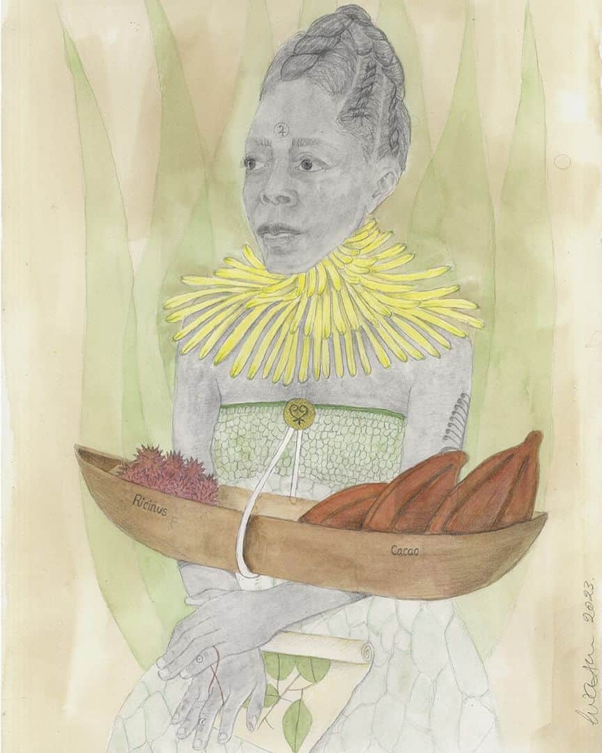大英博物館のインスタグラム：「‘My warrior woman is telling part of the story of Jamaica’s botanical legacy, and is claiming back something which belongs to her people.’  British Jamaican artist Charmaine Watkiss began this drawing in Jamaica with a wash of locally grown Blue Mountain coffee.  Watkiss is responding to botanical drawings collected by Sir Hans Sloane. She explores the histories of the original holders of such botanical knowledge – local healers and enslaved Akan people from West Africa.  Here, a warrior embodies the spirit of the aloe plant. In Jamaica, aloe is called ‘Single bible’ – a cure-all for the body. She carries a boat containing the medicinal plants castor and cocoa.   In her hand is an illustration of the lacebark tree, which is native to the Caribbean, and the Akan symbol on her chest represents the retrieval of knowledge about the past to ensure a strong future.   📽 Find out more about @mswatkiss and this new commission over on our YouTube channel – link in bio.  🏛 See this work on display in Room 1 of the Museum on your next visit.   🔎 Charmaine Watkiss (b. 1964), ‘The Warrior’s Way: Safeguarding the Natural History of Jamaica’. Graphite, Blue Mountain coffee, colour pencil, watercolour and ink on paper, 2023. © Charmaine Watkiss, 2023.  #BritishMuseum」