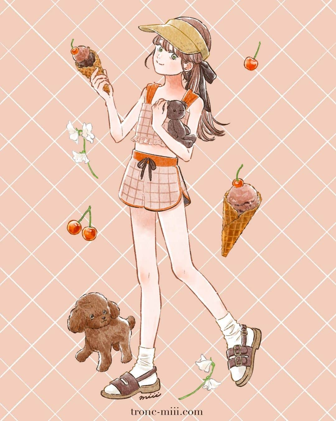 miiiのインスタグラム：「【NEW】illustration milk chocolat🌱🍨 . . . . .  #illustration #illustrator #art #drawing #procreate #procreateillustration #watercolorpainting #일러스트　#드로잉 #그림스타그램 #손그림 #미술 #스케치 #插图 #畫畫 #插畫 #手繪 #繪 #绘画 #kidsillustration #kidsfashion #kidsswimwear #swimwear #summer」