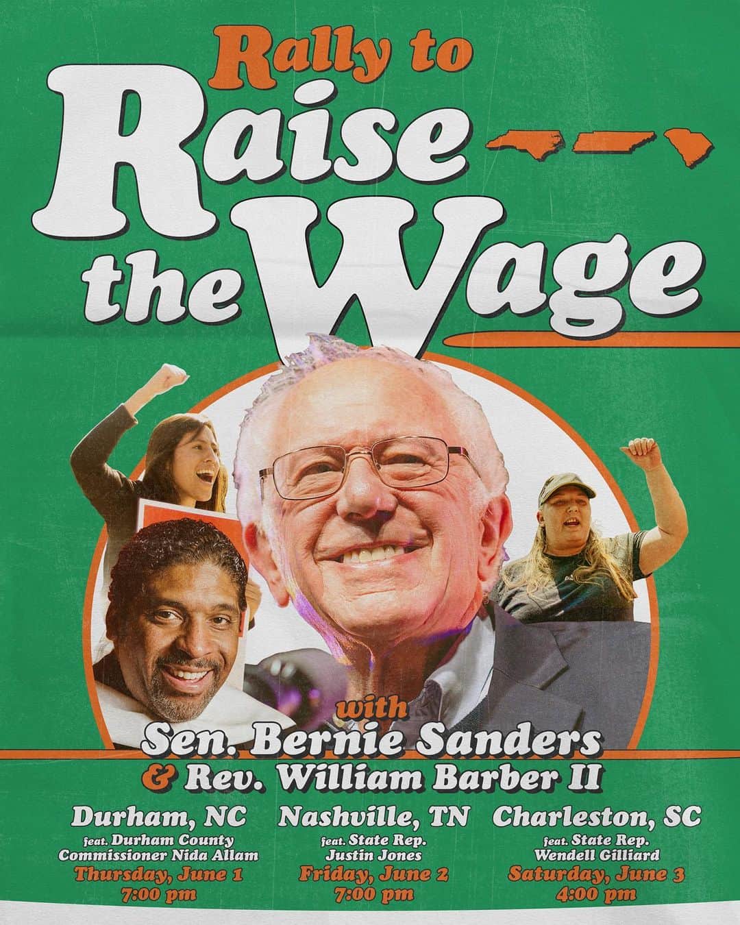 バーニー・サンダースのインスタグラム：「Join me and Rev. William Barber II this week as we hold rallies in North Carolina, Tennessee, and South Carolina to raise the minimum wage.」