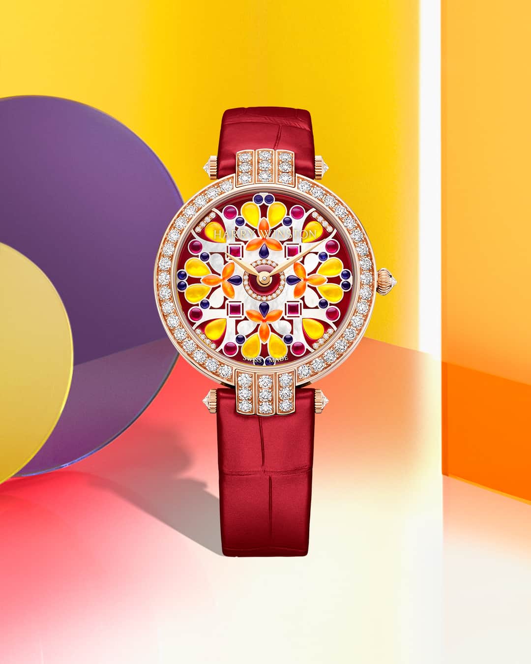 ハリー・ウィンストンのインスタグラム：「An explosion of color, this Harry Winston Premier Kaleidoscope Automatic 36mm Timepiece is a masterpiece of pattern and light. It’s time to brighten the summer season—link in bio. #HarryWinston #WinstonKaleidoscope」