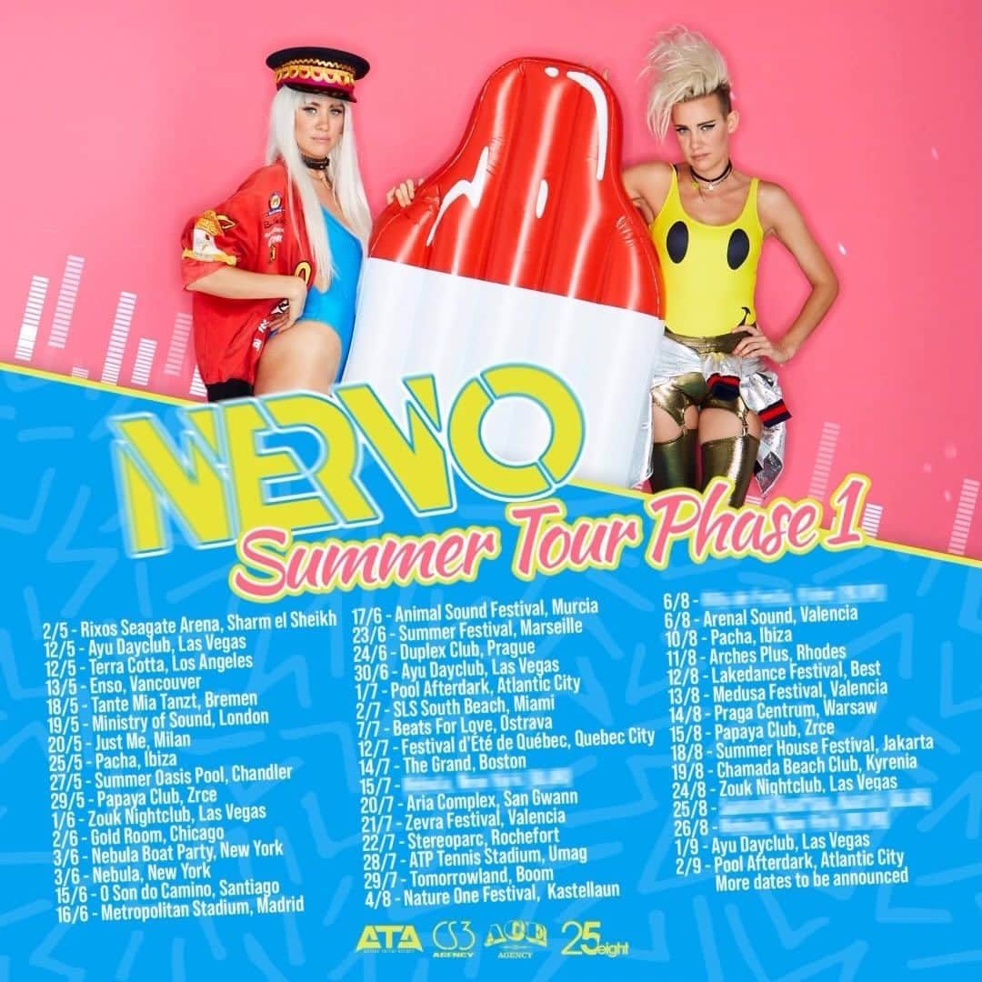 NERVOのインスタグラム：「It’s the most 🔥☀️☀️🔥 time of the year 😏😏 2023 summer tour phase 1 is LIVE and coming to a party near you, so buckle up 💯 Let’s show 2023 what we’re made of! 🎊🔥🚀  Spread the word, tag your party squad, and let us know where we’ll be seeing you 👀🌎👯‍♀️✨🦄🎯💥💥   #tourlife #summertour #2023 #summerfest #summer #NERVO」
