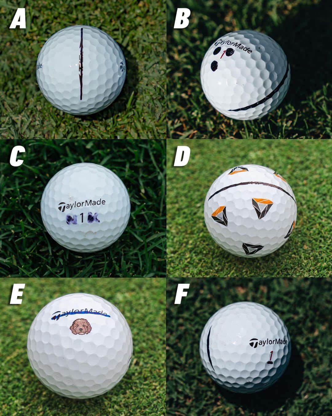 テーラーメイド ゴルフのインスタグラム：「Guess who? The golf ball is one of the most personal pieces of equipment in the bag. Can you guess which TM ball belongs to which #TeamTaylorMade athlete? #TMBallWeek」