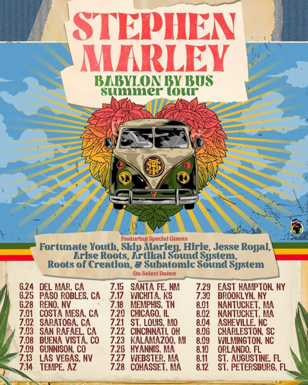 ボブ・マーリーさんのインスタグラム写真 - (ボブ・マーリーInstagram)「Make way for a positive day! 🚌🎶 @stephenmarley #BabylonByBus Summer Tour 2023 is coming to a city near you! Feat. special guests @skipmarley @hiriemusic @fortunateyouth310 @jesseroyal1 @artikalsoundsystem @ariseroots @subatomic & @rootsofcreation on select dates. Tickets available now at stephenmarleymusic.com (link in story), see 👇🏾 for full schedule with guest appearances.  ——TOUR SCHEDULE—— Sat 6/24 Del Mar, CA @sandiegocountyfair “ Sun 6/25 Paso Robles, CA @VinaRoblesAmp ^ Wed 6/28 Reno, NV #RobertZHawkinsAmphitheatre ^ Sat 7/1 Costa Mesa, CA @PacificAmphitheatre OC Fair ^# Sun 7/2 Saratoga, CA @MountainWinery ^ Mon 7/3 San Rafael, CA @MarinCountyFair Sat 7/8 Buena Vista, CO @SurfHotelBV # Sun 7/9 Gunnison, CO @IBarRanch # Thu 7/13 Las Vegas, NV @VHLVTheater “# Fri 7/14 Tempe, AZ @MarqueeTheatre “# Sat 7/15 Santa Fe, NM @SantaFeBrewing “# Mon 7/17 Wichita, KS @WaveICT > Tue 7/18 Memphis, TN @MinglewoodHall > Thu 7/20 Chicago, IL @Millennium_Park Fri 7/21 St. Louis, MO #TheBigTop > Sat 7/22 Cincinnati, OH @RiverfrontLiveCincy > Sun 7/23 Kalamazoo, MI @BellsBrewery > Wed 7/26 Hyannis, MA @MelodyTent +° Thu 7/27 Webster, MA @Indian_Ranch +° Fri 7/28 Cohasset, MA @TheMusicCircus +° Sat 7/29 East Hampton, NY @ClubhouseHamptons + Sun 7/30 Brooklyn, NY @BrooklynSteel + Tue 8/1 Nantucket, MA @NantucketDreamland Wed 8/2 Nantucket, MA @NantucketDreamland Fri 8/4 Asheville, NC @SalvageStation = Sun 8/6 Charleston, SC @TheRefineryCHS = Tue 8/9 Wilmington, NC @GreenfieldLakeAmp = Thu 8/10 Orlando, FL @HardRockOrlando * Fri 8/11 St. Augustine, FL @TheAmpSA *= Sat 8/12 St. Petersburg, FL @JannusLive *  *with #SkipMarley ^ with #FortunateYouth “ with #Hirie + with #JesseRoyal # with #AriseRoots = with #ArtikalSoundSystem ° with #RootsOfCreation > with #SubatomicSoundSystem  #stephenmarley #babylonbybus #summertour」5月31日 4時11分 - bobmarley