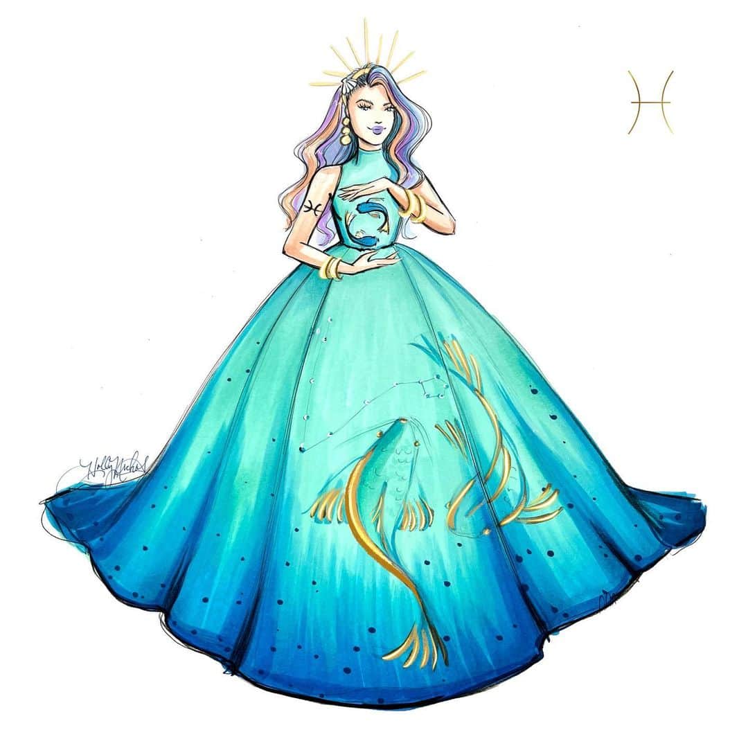 Holly Nicholsのインスタグラム：「Zodiac Series Part 2 💙 #zodiac #zodiacsigns #pisces #sagittarius #capricorn #fashionillustration #aquarius #aries」