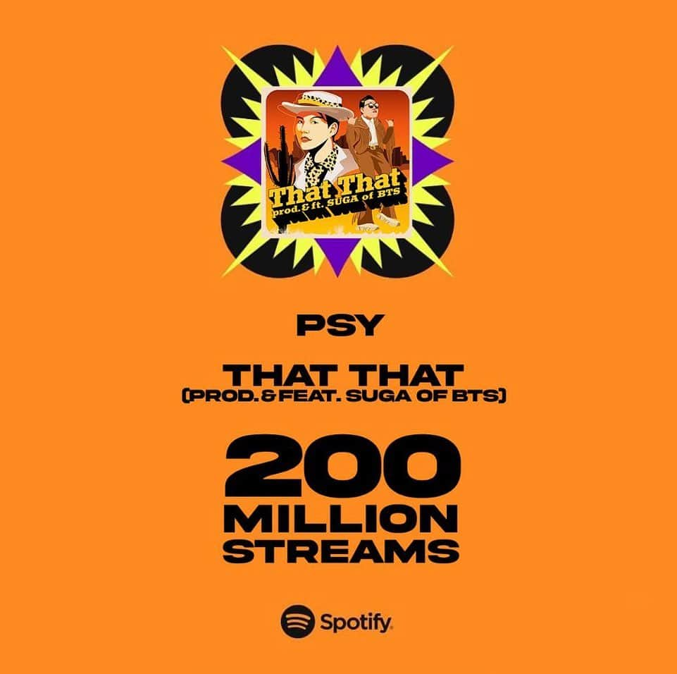 PSYさんのインスタグラム写真 - (PSYInstagram)「#thatthat got 200mil streams on @spotify THX all for all💜 and THX to @agustd #y🍑ngi 🙏🏻」5月31日 9時17分 - 42psy42