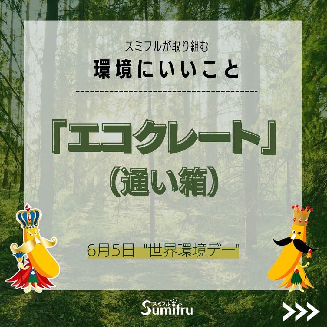 Sumifruのインスタグラム：「6月5日は世界環境DAY🌏🌱 本日は、6月5日の『世界環境デー』にちなんで、スミフルが日々行なっている環境への取り組みを紹介いたします🌳  🚢エコクレートでバナナを輸送🚢  スミフルでは、バナナを運ぶ際に『エコクレート』というバナナ専用の通い箱を使用しています。このエコクレートは、生産国であるフィリピンと日本を何度も行き来する、環境にやさしい資材。お店でバナナを陳列したら、エコクレートはお店から回収。その後、フィリピンに戻る船に乗せて産地へ戻し、洗浄後、またバナナを入れて日本へと繰り返しやってきます♻︎  エコクレートの使用は、産地の森林資源保護や資源の有効活用を実現する、“エコな活動”なのです🌏  また、エコクレートは、配送時のバナナの「押され」を軽減させることができるので、環境にやさしいだけでなく、バナナの品質向上やフードロス削減にも繋がっているんです🍌  エコであることと、おいしさを追求することがどちらも叶う『エコクレート』🌳 みなさんにも知っていただけたら嬉しいです👀🌱 本日も最後まで投稿をご覧いただきありがとうございました。  世界環境デーとは… 1972年6月5日にストックホルムで開催された国連人間環境会議で制定されました🗣  国連人間環境会議は、環境問題をテーマとした初めての政府間の会合で、113ヵ国が参加しました！  #バナナ #世界環境デー #国連人間環境会議 #環境への取り組み #資源ごみ #食品ロス #食品ロス削減 #エコクレート #フルーツ #環境問題 #森林破壊 #食育 #エシカル #甘熟王ゴールドプレミアム #甘熟王」