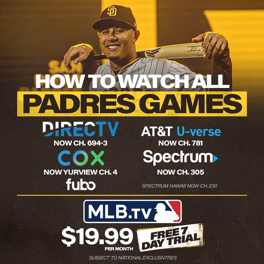 MLBさんのインスタグラム写真 - (MLBInstagram)「MLB to produce and distribute @Padres games starting on May 31. Fans in-market can watch on DirecTV, Spectrum, Cox, Fubo and MLB.tv. Padres games will be streamed free on MLB.com and Padres.com through June 4.」5月31日 13時36分 - mlb
