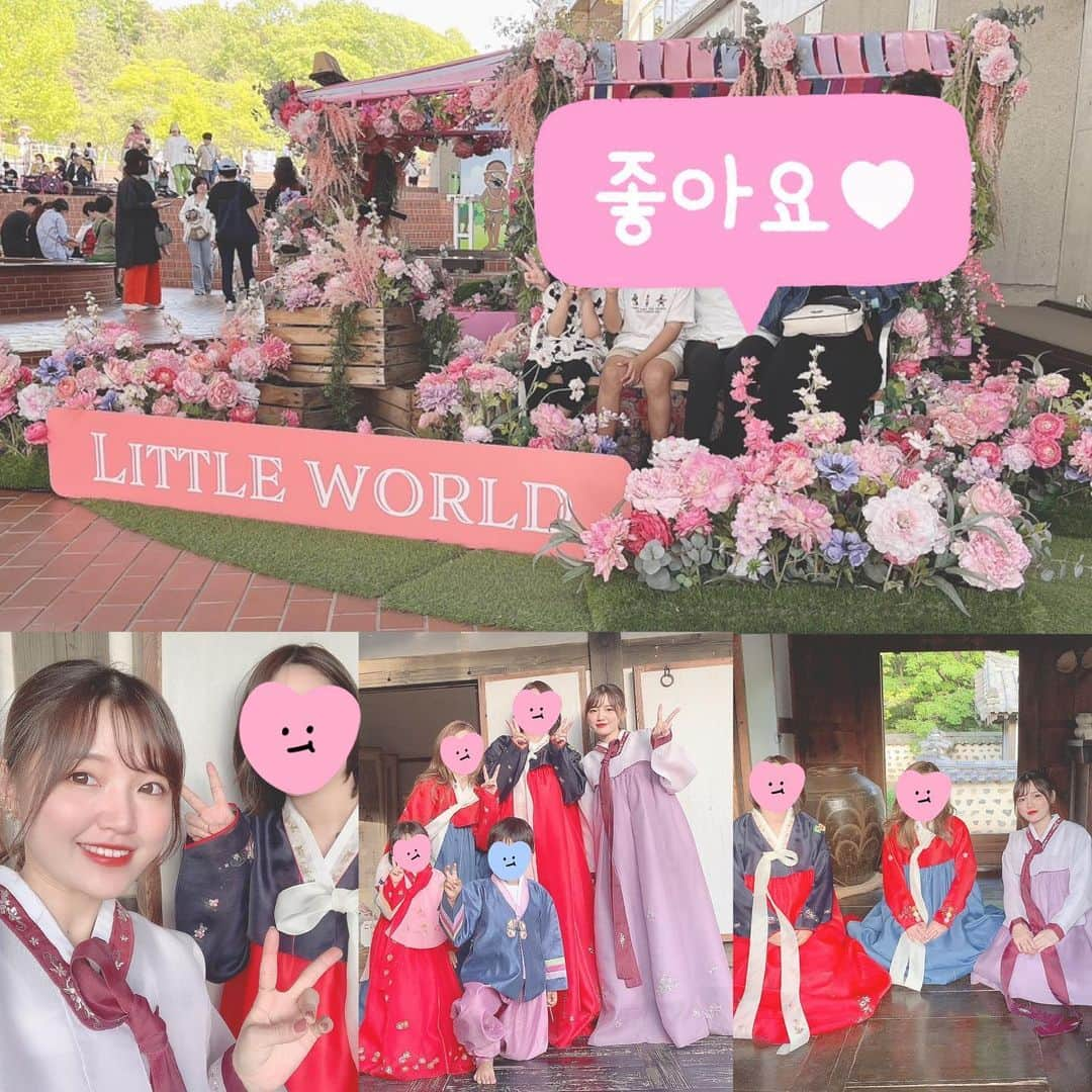 Riicoのインスタグラム：「GW❸ family day💗 3姉妹家族でリトルワールドへ！ いろんな国の民族衣装着れたり名物食べれたり、敷地広いからいっぱい歩けて楽しい場所なの〜🐾 みんなで行けてより楽しかった🥰 ・ やぱわたし的にはチマチョゴリが優勝！！🏆💜 3姉妹で王奥ごっこ？的な🤣🙇‍♀️🙇‍♀️ 3姉妹の裏構図かなって遊んでたww 本当笑った🤣仲良しすぎる❤️‍🔥 ほんで姉の旦那さんが完全に現地の人で それも笑った🤣さすがだったぁ( ᵒ̴̶̷̤໐ᵒ̴̶̷̤ ) 大好きfamily♫♡ またお出かけしようね〜〜❤️‍🔥 ・ #gw #リトルワールド」