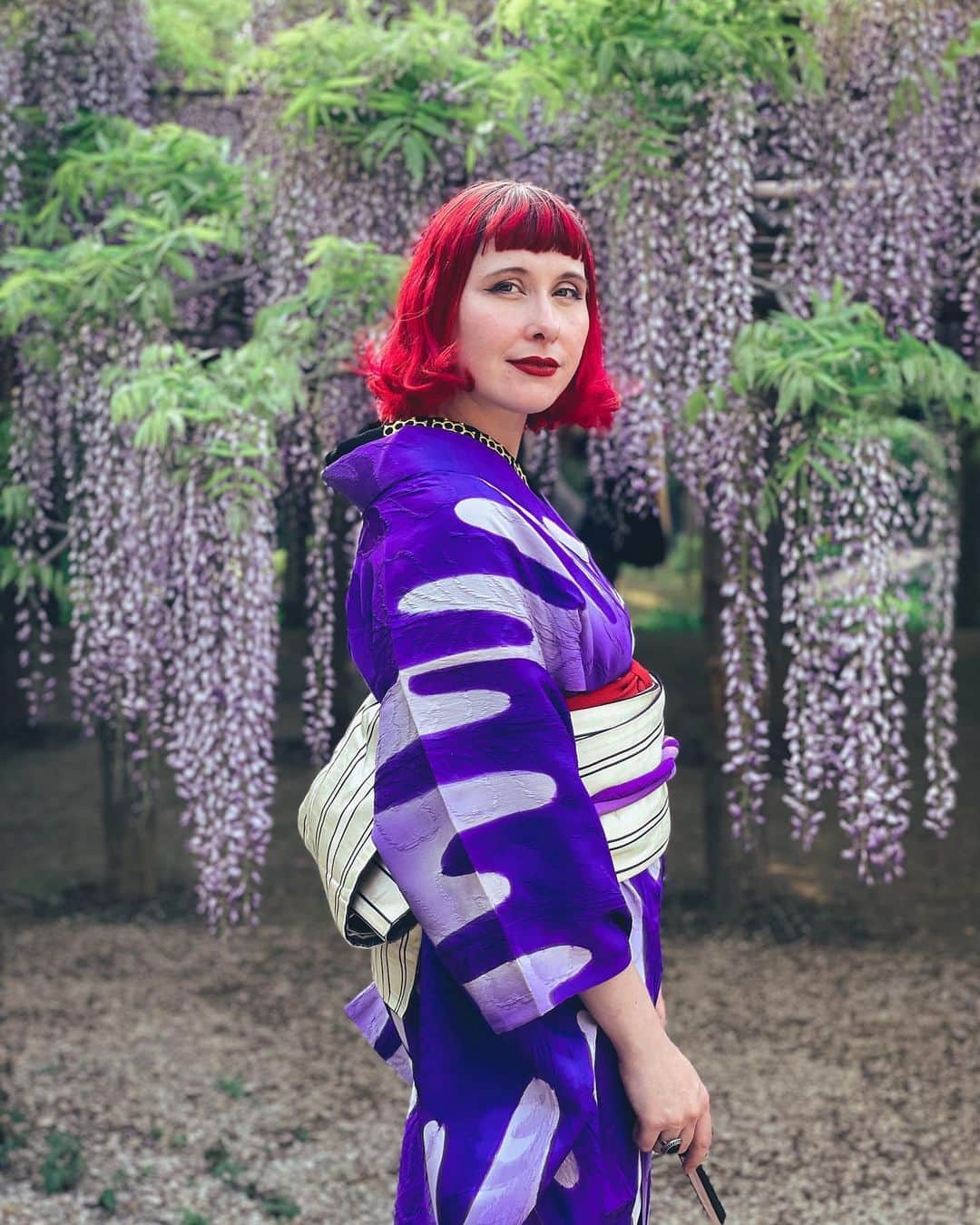 Anji SALZのインスタグラム：「Throwback to last year when I had more energy to drag a kid across Tokyo to enjoy wisteria 😂💜 And probably just before I got pregnant with my second.   Have you had time to enjoy some nice flowers lately?   #wisteria #japan #kimono #japanesekimono👘 #antiquekimono #着物 #アンティーク着物 #藤の花」