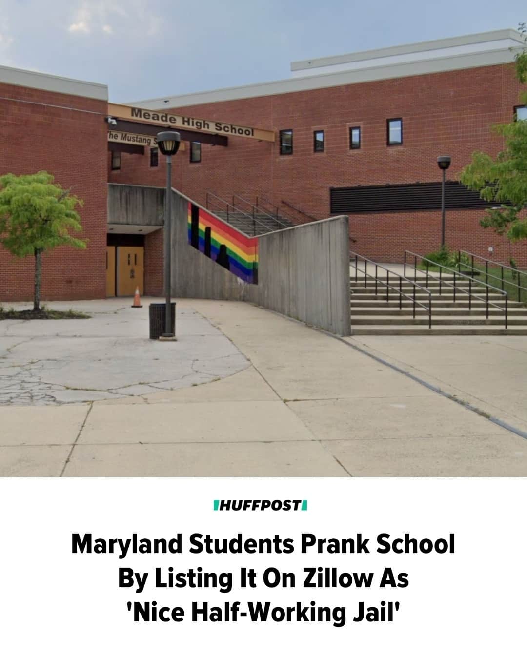 Huffington Postのインスタグラム：「A group of high school seniors in Fort Meade, Maryland, had fun pranking their high school last week ― by attempting to sell it on Zillow.⁠ ⁠ The students at Meade High School listed their school on the real estate website for a measly $42,069, local news outlets reported.⁠ ⁠ The listing, which was eventually removed, advertised a “complementary trash scented air freshener and water issues!”⁠ ⁠ Students also referred to the school as a “nice half working jail,” and said “all 15 bathrooms come with sewage issues!” as well as “dangerous unfinished sections that could cost you your life!”⁠ ⁠ The listing also promised that “your neighbors are rodents and insects that will make you squeal!”⁠ ⁠ Although the listing was a little insulting, Anne Arundel County Public Schools spokesperson Bob Mosier admits he found it funny.⁠ ⁠ “This is incredibly creative advertising, but we are stunned that the listers so vastly underestimated the value of this prime real estate with amazing amenities,” he said in a statement to media outlets. “Potential buyers surely will be flocking to snap this deal up, right? This won’t be on the market for long.”⁠ ⁠ Read more at our link in bio. // 📷 Google Maps // 🖊️ David Moye」