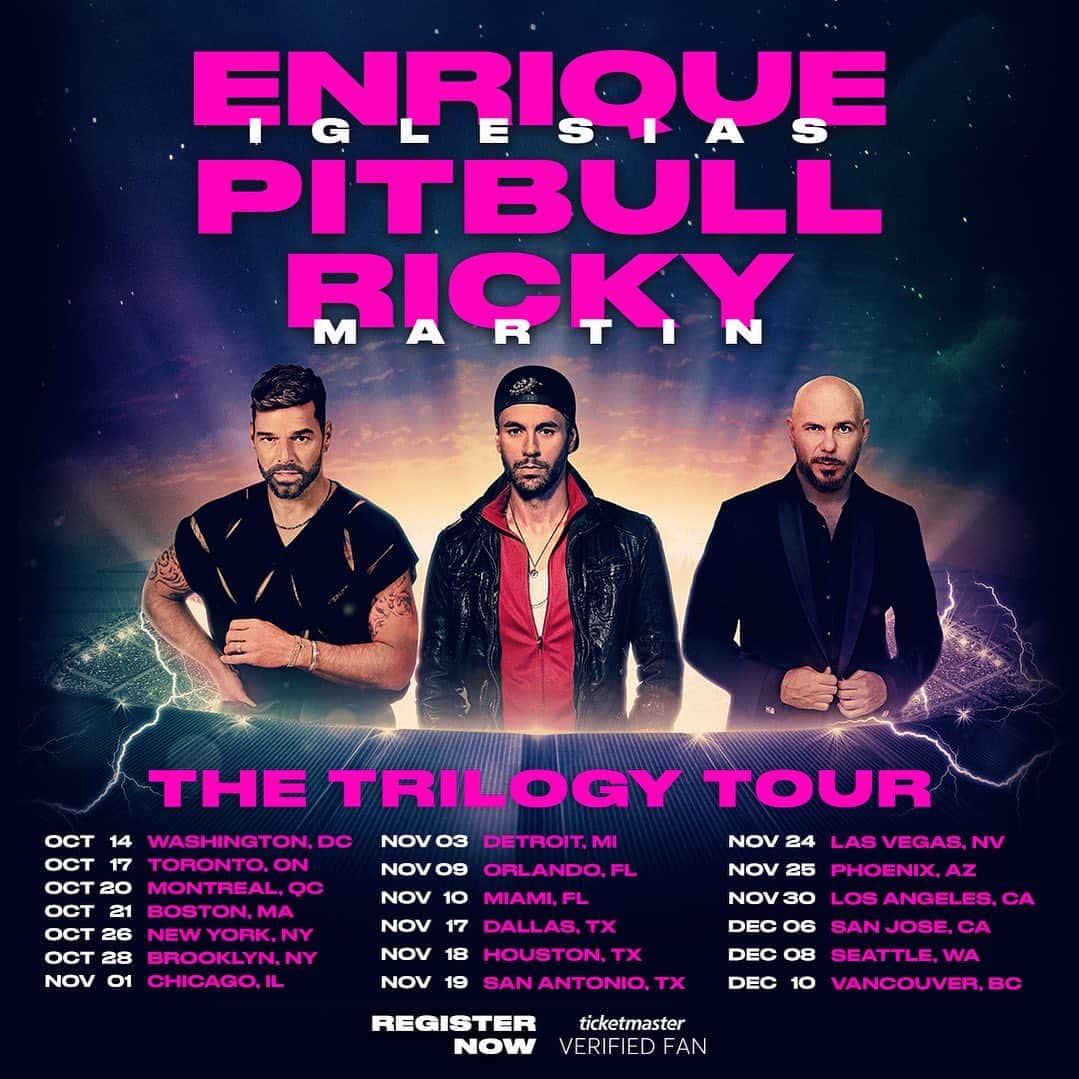 ピットブルのインスタグラム：「Excited to join @enriqueiglesias and @ricky_martin this Fall on The Trilogy Tour! Register for the Verified Fan Presale now thru Sunday for your chance at tickets. Link in bio. daleeeee #TheTrilogyTour」