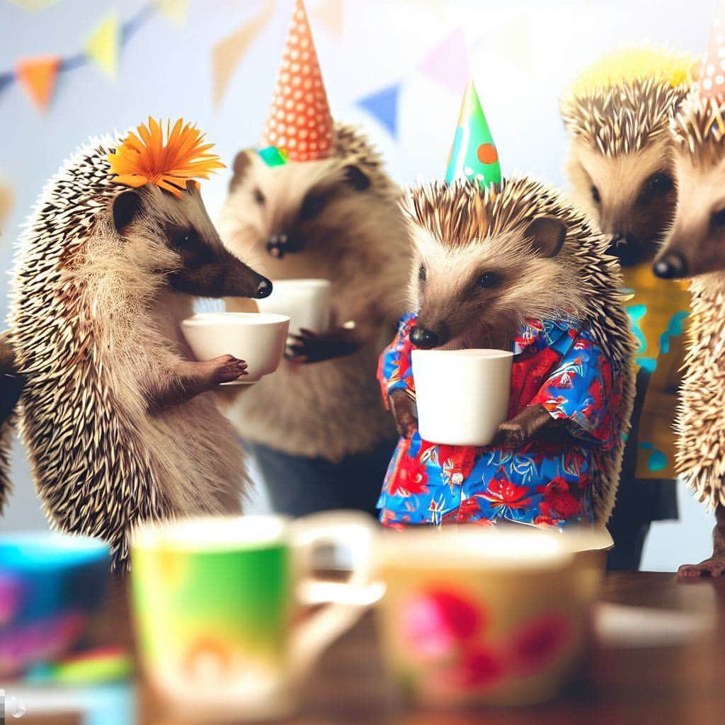 のインスタグラム：「Office party wish list: fun hats, Hawaiian shirts, plenty of coffee. ✅   We asked @Bing Image Creator to show us a group of hedgehogs in Hawaiian shirts and party hats in the office, all drinking coffee out of ceramic mugs, bright and colorful office, photo realistic.   What should we create next? Leave a prompt in the comments and we’ll pick one to try!」