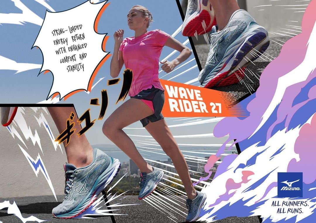 MizunoRunningのインスタグラム：「Wave Rider 27… available NOW!  Slip on the Wave Rider 27 and experience the balance of superior drive and immaculate comfort. This upgraded model with an even lighter upper and refined heel fitting creates a perfect formula for your new go-to everyday running shoe.  Head to https://www.mizunousa.com/shop-wave-rider-27?utm_source=Brand&utm_medium=Social&utm_campaign=WaveRider27&utm_id=Wave+Rider+27  #WaveRider27 #mizunorunning #AllRunnerAllRuns」
