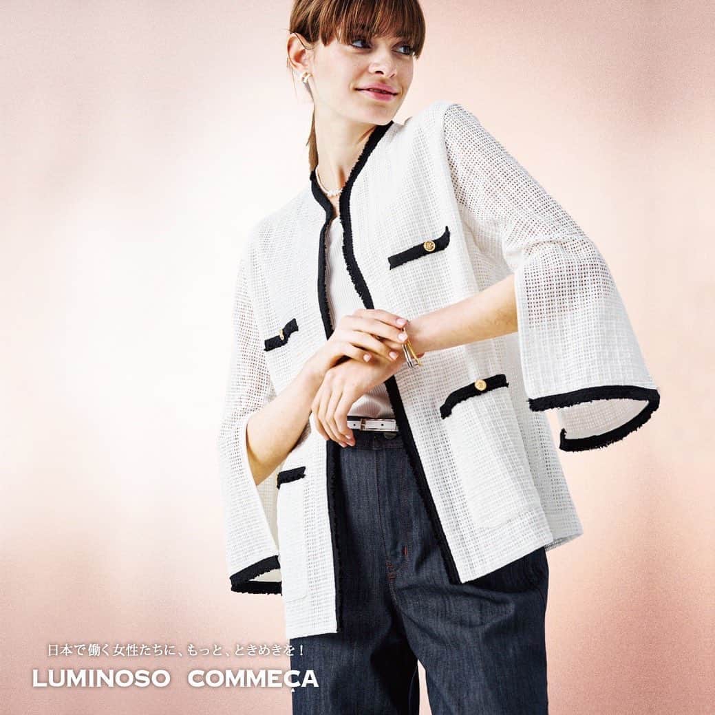 LUMINOSO COMMECAのインスタグラム：「6/3(土)より 店頭でキャンペーンスタート  『スクエアレース』  ツイードのような表情を持つ スクエアレース。 綿のナチュラルな風合いと 透け感が軽やかな セットアップをつくりました。  この他にも新作商品を 多数揃えております♩  #ルミノーゾコムサ #コムサ #luminosocommeca #ファッション  #夏コーデ  #コーディネート #fashion #ootd  #通勤コーデ #オフィスカジュアル   #新宿髙島屋　#有楽町丸井 #池袋東武　#パルコヤ上野  #グランデュオ立川  #札幌丸井今井 #盛岡川徳　#静岡伊勢丹 #阪神梅田　#あべの近鉄 #神戸阪急　#博多阪急」