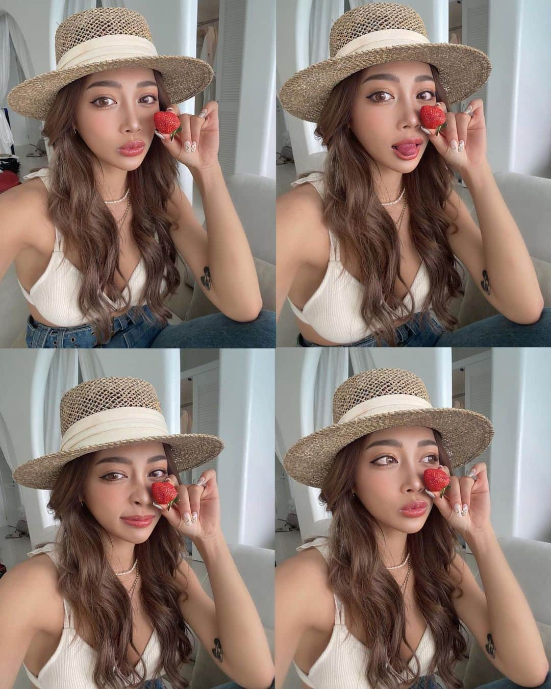 米山妃利のインスタグラム：「🍓👒😋 . やっぱり水着にデニム合わせるの すきだわぁぁぁぁぁ。。👖💙w . また減量しなきゃ〜🫠 来月は楽しみ盛りだくさん🫶🏼 . 6月もお仕事頑張ろうね皆💪🏽❤️‍🔥 .」