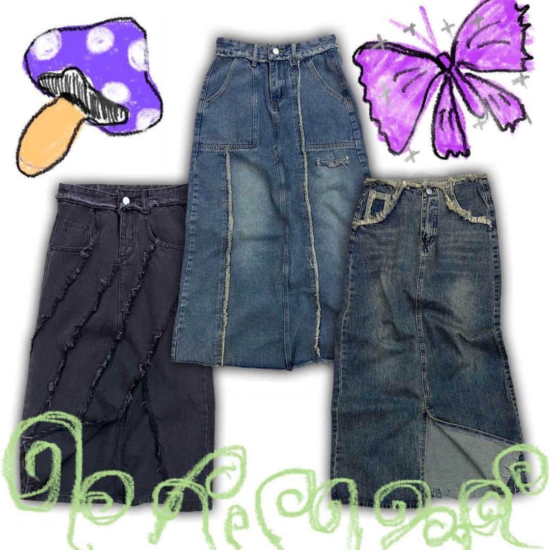 のインスタグラム：「mabatakiselectitems2023 -denim skirts  ✝️店内商品全て通販可能です☮️ 通販ご希望の際はＤＭにてお受けしております😊  #nagoya#osu #tokyo #mabataki #vintage #fashion #fyp #y2k  #00s #90s #名古屋 #大須 #東京 #古着 #大須古着屋 #マバタキ」