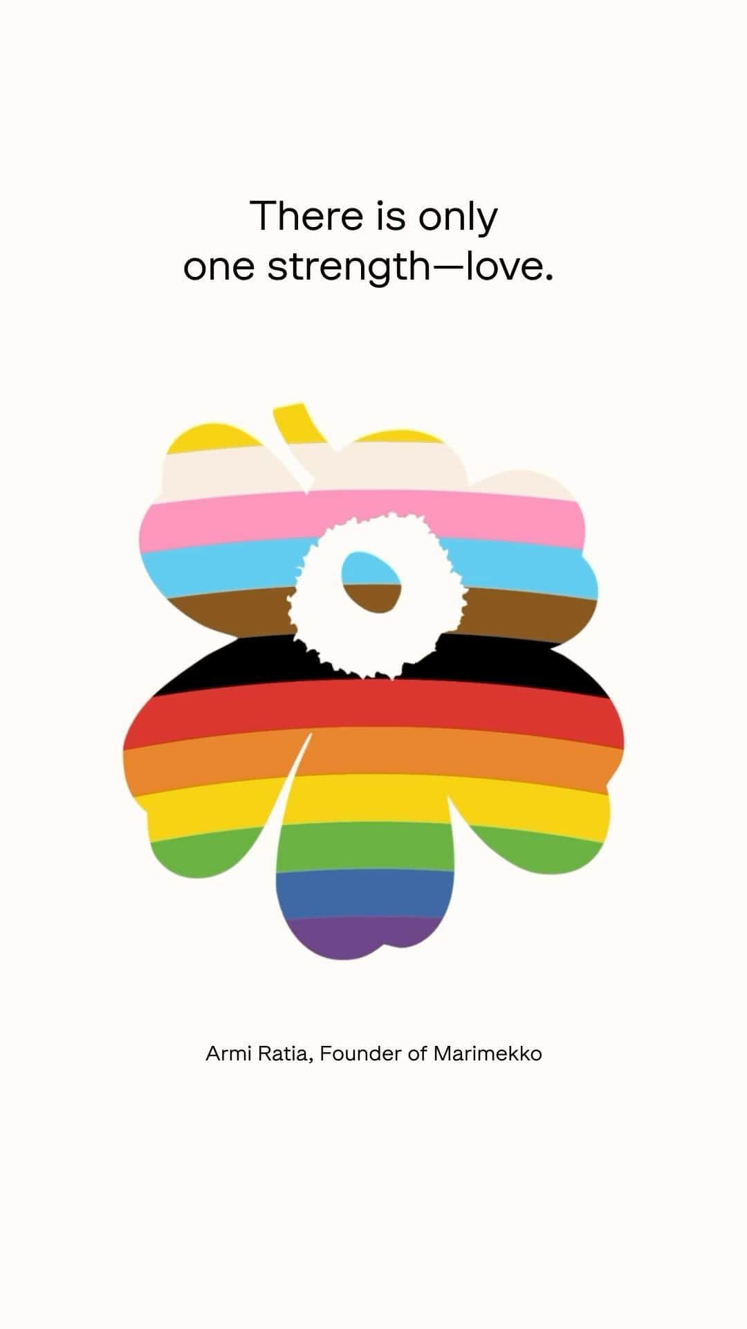 マリメッコのインスタグラム：「June is dedicated to celebrating love and Pride with our global community. The Marimekko Spirit, which has always been grounded in fairness, equality, and inclusivity, serves as an eternal inspiration and guiding principle for us. As Marimekko founder Armi Ratia wrote in her diary at the age of 14, ”There is only one strength—love.”  Marimekko is an official partner of @helsinkipride also this year. In addition to Helsinki, we’re taking you to New York and Bangkok as we collaborate with three amazing local LGBTQIA+ visual artists on rainbow-colored art installations for our store windows. We’ll share the artistic process on our socials, so stay tuned!   #marimekko #pride #marimekkowithpride」