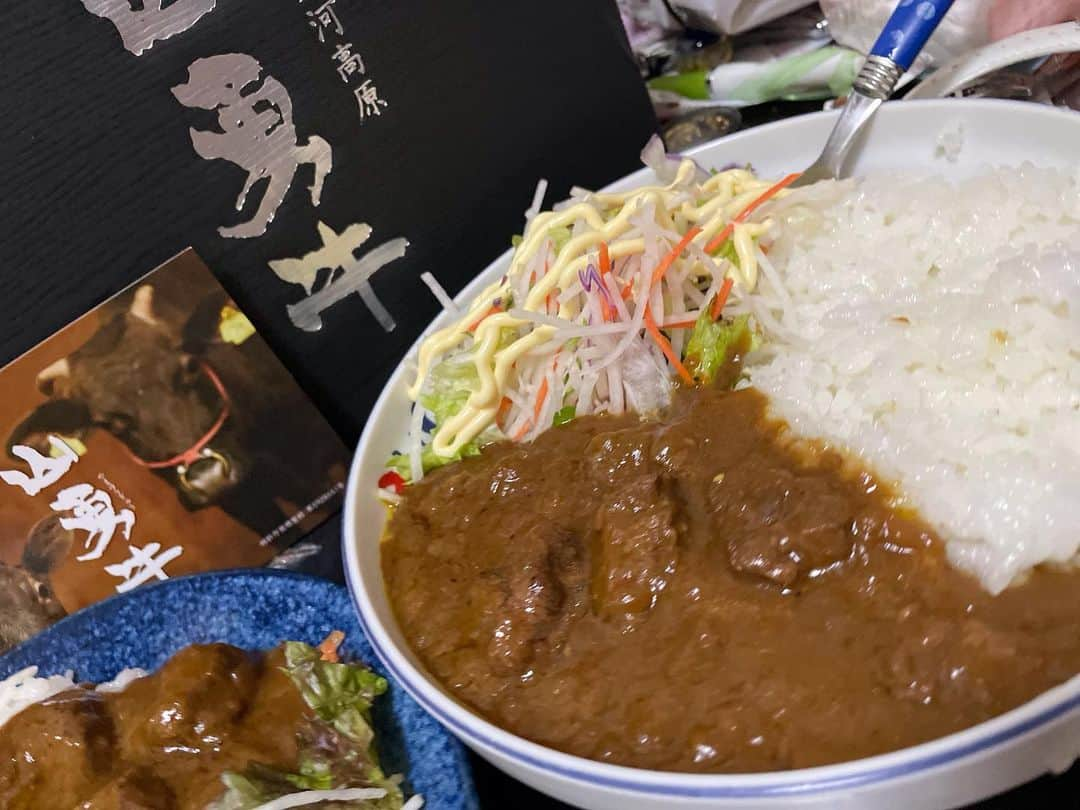 松浦まりなのインスタグラム：「ビーフカレー😽 お肉ごろっと入って柔らかい!!  ルーにとろみあって、パスタとかでも合いそう！！  山勇牛の最大の特徴は、産まれてから 肥育されて出荷するまで、全て同一環境で育てられているらしい😼  「山勇畜産牧場」で産まれ育った飛騨牛だけを扱う飛騨牛専門店🤘🏻 お取り寄せした😽  PR @gyu_maru1129 #山勇牛 #飛騨牛 #熟成肉 #ビーフカレー #牧場直送 #雌牛 #山勇牛一貫 #通販グルメ」