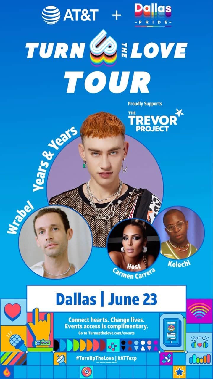 YEARS & YEARSのインスタグラム：「im very excited to share that I’ll be performing at the @att #TurnUpTheLove Tour event in Dallas!! Join me and gorgeous babes @wrabel and @itskelechi on Friday, June 23rd at 8pm, at the @attexpdallas Flagship in The AT&T Discovery District, supporting the @trevorproject. It’s going to be an awesome night I can’t wait!! ! RSVP via the link in bio 💕#TURNUPTHELOVE @attdiscoverydistrict #ATTExp #Ad」