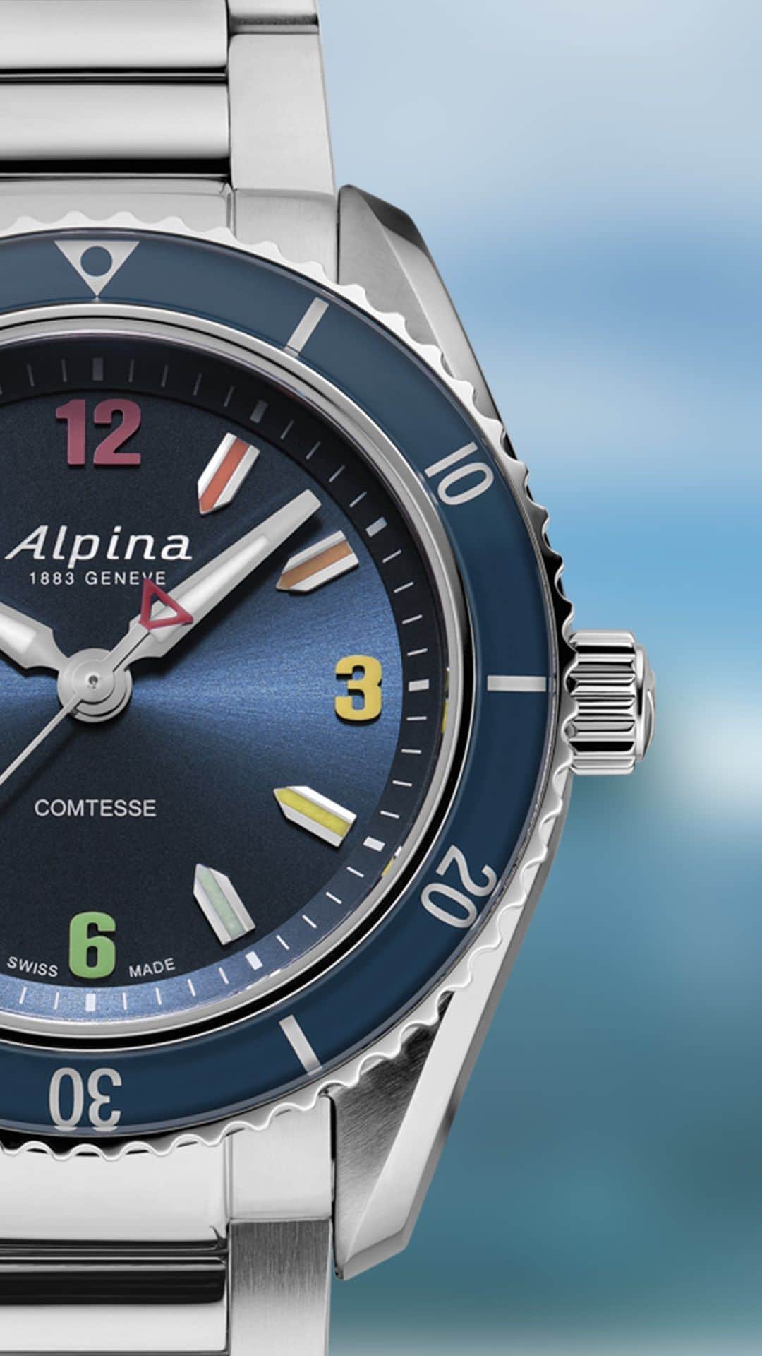 アルピナのインスタグラム：「Dive into a world of vibrant colors with @aelanvaast  and the Alpiner Comtesse Sport Quartz Rainbow.  #AlpinerCollection #SwissWatch #SportWatch #LadiesWatch」