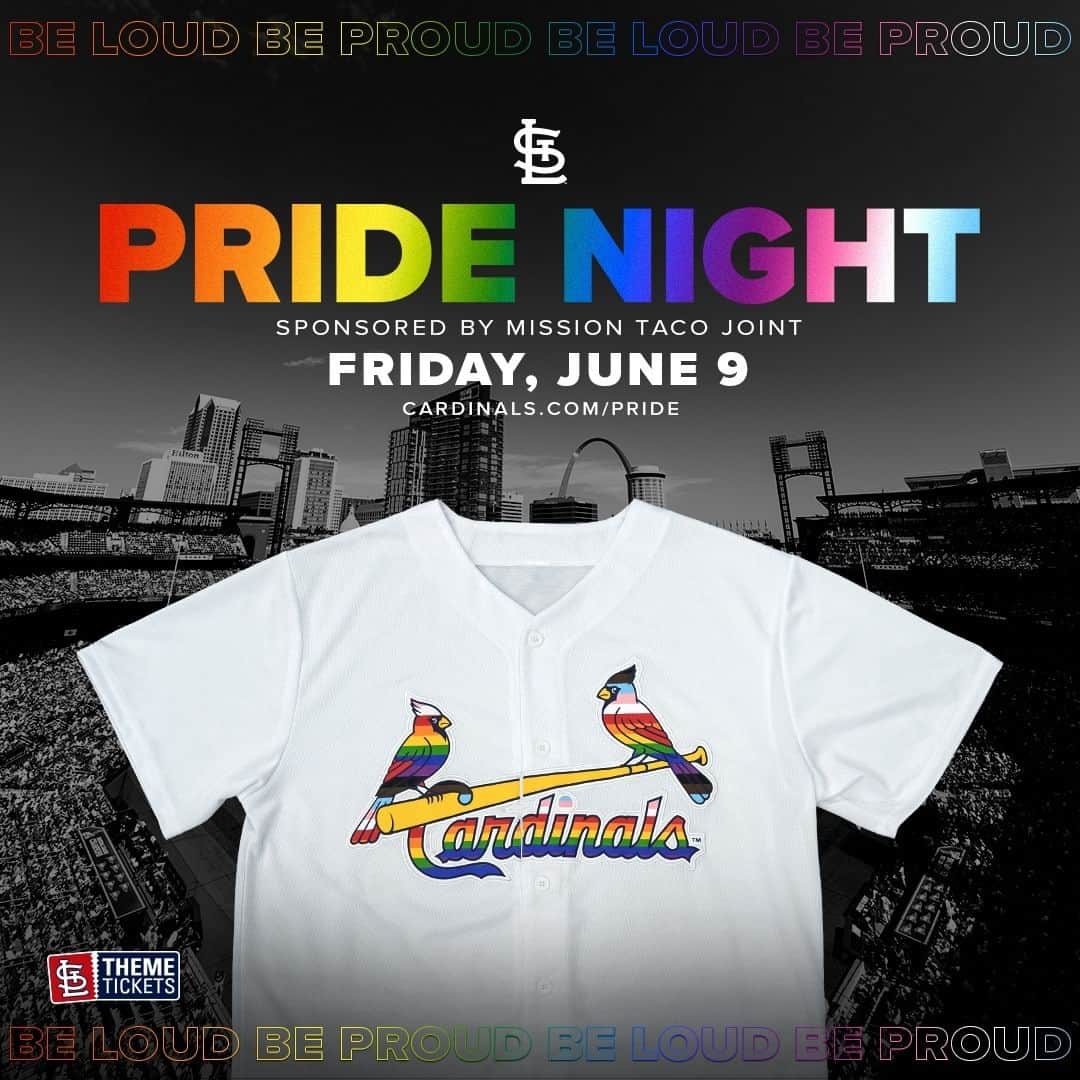 セントルイス・カージナルスのインスタグラム：「As #PrideMonth begins, we are excited to celebrate our annual Pride Day at Busch Stadium on June 9.   A portion of each ticket sold will be donated to @thesqsh.   Learn more at cardinals.com/pride 🏳️‍🌈」