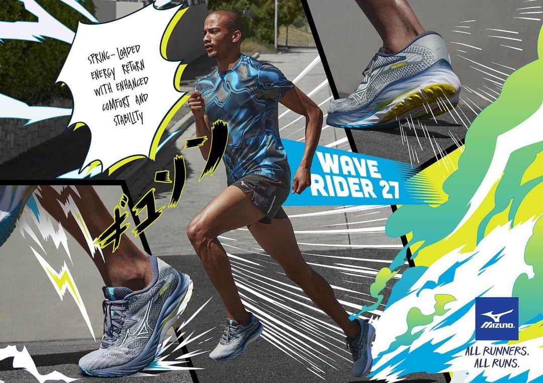 MizunoRunningのインスタグラム：「Wave Rider 27 … available NOW!   Slip on the Wave Rider 27 and experience the balance of superior drive and immaculate comfort. This upgraded model with an even lighter upper and refined heel fitting creates a perfect formula for your new go-to everyday running shoe.   Head to http://ow.ly/FkaO50OCant   #WaveRider27 #mizunorunning #AllRunnerAllRuns」
