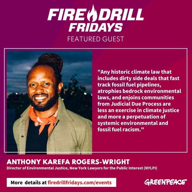 ジェーン・フォンダのインスタグラム：「Repost from @firedrillfriday • On tomorrow's LIVE episode of Fire Drill Fridays (6/2 @ 11am PT / 2pm ET), Actor and Activist, Jane Fonda, welcomes Anthony Karefa Rogers-Wright to discuss the undead Dirty Deal — an attempt to fast track oil and gas projects across America that completely ignores truth, science, and justice-based solutions for clean energy. ⁣ ⁣ Anthony Karefa Rogers-Wright serves as New York Lawyers for the Public Interest’s Director of Environmental Justice, guiding and coordinating the organization’s environmental justice strategy, litigation, organizing, and advocacy initiatives. Anthony was selected as one of the Grist.org “50 Environmentalists You’ll Be Talking About” in 2016 and was recognized as one of New York City's 100 most influential environmental leaders in 2022 and 2023 by City and State Magazine. He serves on the Board of Directors of Friends of the Earth Action, Backbone Campaign, Climate Critical Earth, and Center for Sustainable Economy and is a proud, participating member of the Black Alliance for Peace and the Movement for Black Lives Black Hive.⁣ ⁣ Have a question for Jane or Anthony? Leave a comment.⁣ ⁣ Tune in LIVE tomorrow Friday, June 2 at 11amPT / 2pmET on firedrillfridays.com, the FDF Facebook page, Greenpeace USA Twitter, or Greenpeace USA YouTube.⁣ #FireDrillFridays #DirtyDeal #CleanEnergy @janefonda @greenpeaceusa」