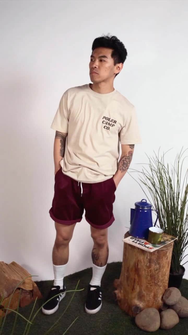 Poler Outdoor Stuffのインスタグラム：「Fit check with the Chort Short✅   Land lubbing & classic enough for your grandpa. We love corduroy, so we made a stretchy everyday short made out of our favorite materiel   Featuring a drawstring elastic waist that keeps things flexible, stay classy & cool (literally) in a pair of Chort Shorts  #campvibes」