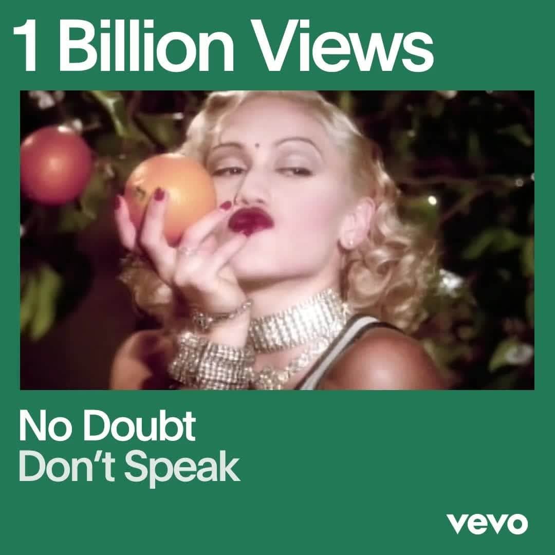 のインスタグラム：「“Don’t Speak,” from @NoDoubt's 1995 ‘Tragic Kingdom’ album, officially surpassed 1 billion views!  “I owe my whole life to that song,” Gwen Stefani has said. “It took us around the world, and gave me this entire career.”」