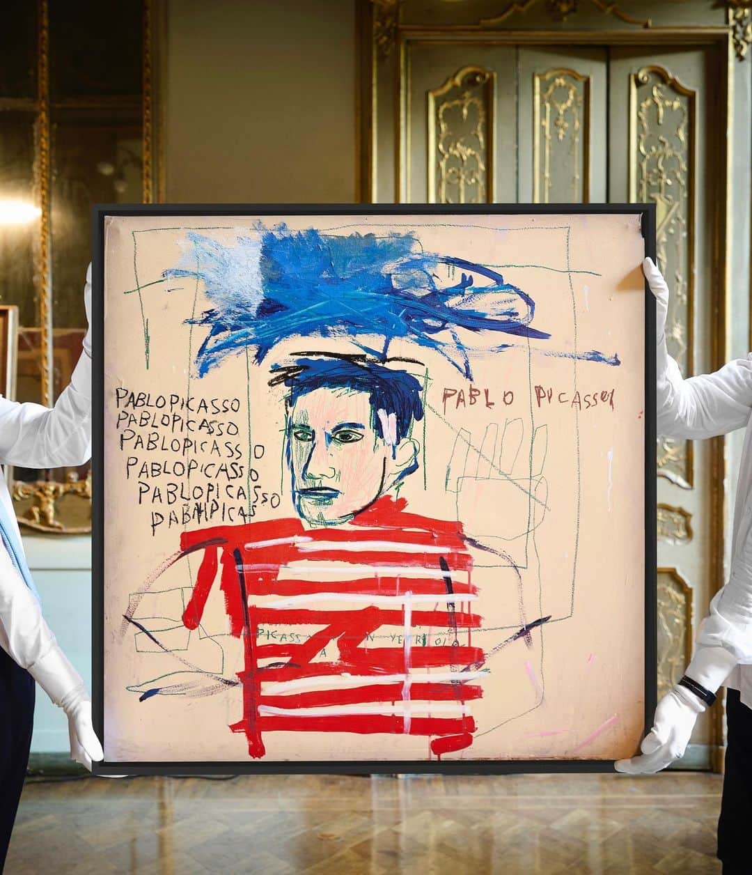 クリスティーズのインスタグラム：「Jean-Michel Basquiat's powerful portrait of Pablo Picasso will be offered at auction for the first time in more than 15 years.  Coinciding with global tributes to the artistic legacy of Pablo Picasso as the art world marks 50 years since the artist's death, 'Untitled (Pablo Picasso)' (1984) is the ultimate expression of Basquiat being in dialogue with his artistic predecessors.  The painting is a profound tribute to the power of Picasso's enduring legacy and was included in the major survey exhibition 'Basquiat: Boom for Real' presented by the Barbican Art Gallery in London.  Basquiat's iconic portrait of Picasso will highlight the 20th / 21st Century: London Evening Sale on 28 June. Estimate: £4,500,000 -£6,500,000.  #Basquiat #JeanMichelBasquiat #Picasso」