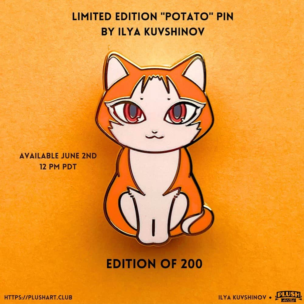 イリヤ・クブシノブ のインスタグラム：「Introducing Potato the Cat! Pin designed by @kuvshinov_ilya, this collectible pin is a must-have for any cat lover! With only 200 of these pins available, you'll be among the few to own a true gem.   Be sure to mark your calendars for Friday, June 2nd @ 12 PM PDT and set a reminder, as these limited edition pins are sure to sell out quickly! Don't miss your chance to secure this cutie and make it a purr-fect addition to your pin collection.  This exclusive release will take place on the Plush Art Club’s website, where penpals come together to discover unique loot and treasures!   https://plushart.club  #potatothecat #potato #ilyakuvshinov  #catlovers #catsofinstagram #catclub #catstagram #catlife #catpins #catpin #limitededitionpins #instacat #cats #catpinclub」