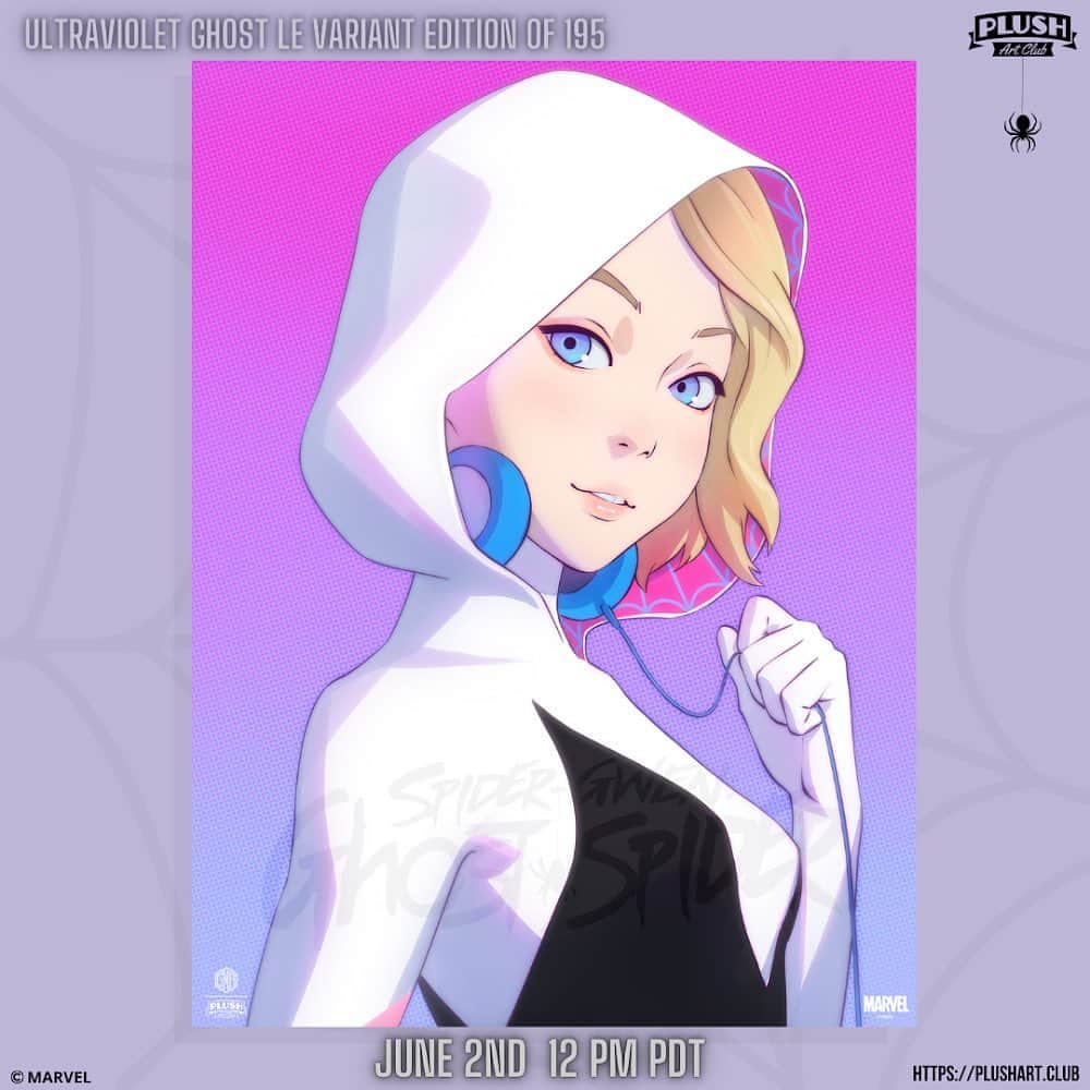 イリヤ・クブシノブ のインスタグラム：「In honor of the Spider-Verse release we introduce an exclusive collector's item for all Marvel fans on Friday, June 2nd @ 12 PM PDT. https://plushart.club   Designed by the talented @kuvshinov_ilya, this limited edition screen print showcases the distinct artistic style that has made Kuvshinov renowned among fans worldwide.   This variant has a UV title that adds a ghostly touch. Printed with ten vibrant colors that fly off the 18”x 24”pearlescent stock. This choice of high-quality stock not only enhances the overall visual appeal but also adds a touch of elegance to the piece.  Limited to just 195 copies, this officially licensed Marvel screen print is a print collector's gem. Each print is hand numbered too!   Whether you're a devoted Spider-Gwen fan, an avid Marvel collector, or an art enthusiast, this print is sure to become a cherished addition to your collection.  Don't miss your chance to own this exceptional piece  and let the magic of Ilya Kuvshinov's talent adorn your walls.  @greymatter #SpiderGwen #ghostspider #spiderverse #spideysquad #spideysenses #marvel #limitededition #limitededitionscreenprint #officiallylicensed #plushartclubprints #ilyakuvshinov #screenprinted #marvelcollection #marvelcollectibles」