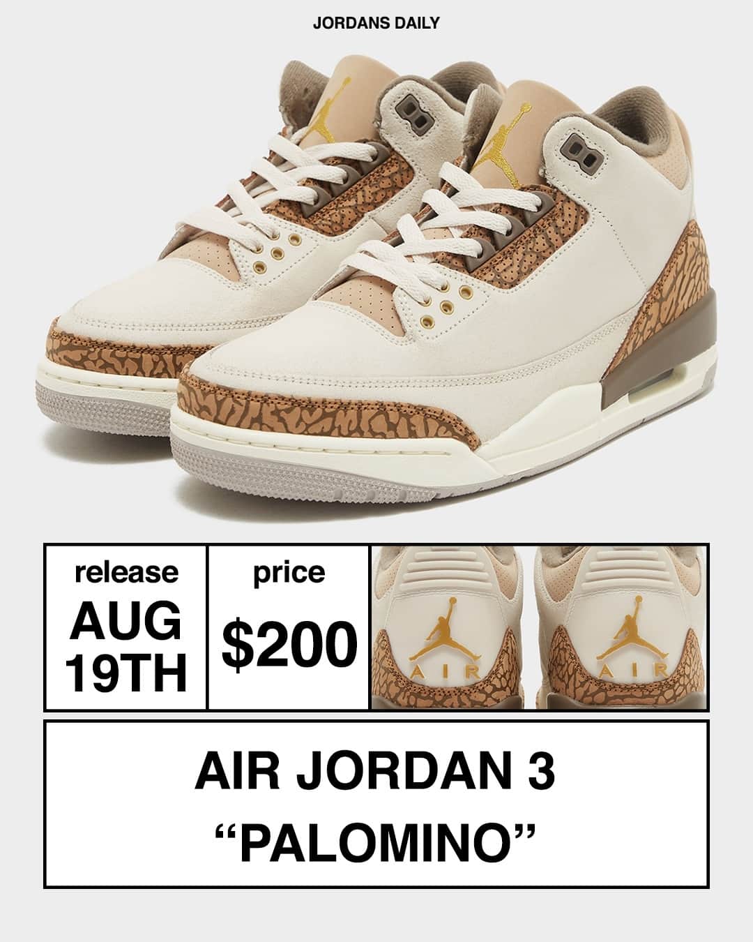 Sneaker News x Jordans Dailyさんのインスタグラム写真 - (Sneaker News x Jordans DailyInstagram)「The Air Jordan 3 "Palomino" drops on August 19th ☕️⁠ COP or PASS!?⁠ ⁠ LINK IN BIO for more details 📝」5月9日 8時15分 - jordansdaily