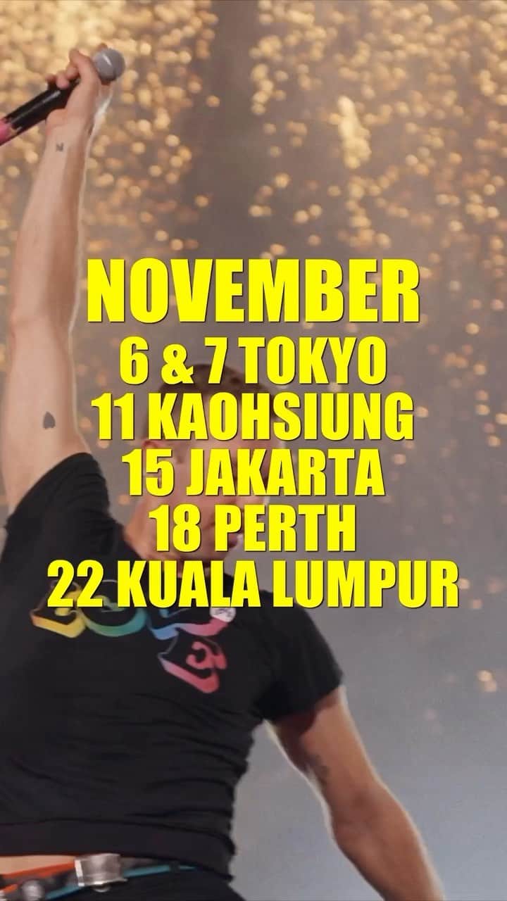 Coldplayのインスタグラム：「✨ ASIA & AUSTRALIA DATES ANNOUNCED  NOVEMBER 6: Tokyo - Tokyo Dome 7: Tokyo - Tokyo Dome 11: Kaohsiung - Kaohsiung National Stadium  15: Jakarta - Gelora Bung Karno Stadium 18: Perth - Optus Stadium 22: Kuala Lumpur - National Stadium Bukit Jalil   Ticket info at coldplay.com/tour   #MusicOfTheSpheresWorldTour delivered by @dhl_global   #Coldplay #MOTSWT #DHLxColdplay」